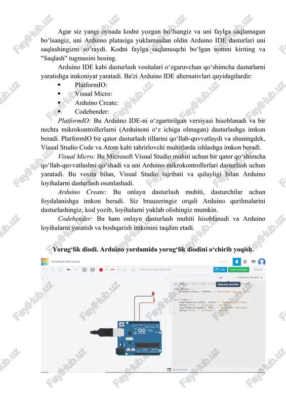 rduino yordamida yorug‘lik diodini o‘chirib yoqish. dastur kodi int ledpin = 10; // pin, k kotoromu podklyuchen svetodiod void setup() { pinmode(ledpin, output); // nastroit pin kak vixod } void loop() { digitalwrite(ledpin, high); // vklyuchit svetodiod delay(1000); // podojdat 1 sekundu digitalwrite(ledpin, low); // viklyuchit svetodiod delay(1000); // podojdat 1 sekundu } amaliy mashg‘ulot №2 tugma. yorug‘lik diodini yoqish misolida tugmaning bosilishiga ishlov berish. titrashga qarshi kurashish. tugma (yoki tugmachali kalit) har xil turdagi sensorlarning eng sodda va eng qulayi hisoblanadi. uni bosish orqali siz boshqaruvchiga signal berasiz, bu esa qandaydir harakatga olib keladi: ledlar yonadi, tovushlar chiqariladi, motorlar ishga tushadi. hayotimizda biz tez -tez turli xil kalitlar bilan uchrashamiz va bu qurilma bilan juda yaxshi tanishmiz. 2-rasm. takt tugmachalari va almashtirish tugmalari "arduino button" deyilgan ma'lumotlarizni to‘plagan joy, arduino mikrokontrolleri bilan ishlov beruvchilar uchun tug‘ilgan komponentlardan biri bo‘lib, tugmachalar yoki knopkalar bilan ishlashni osonlashtiradigan komponentdir. bu tugmachalar, bir …