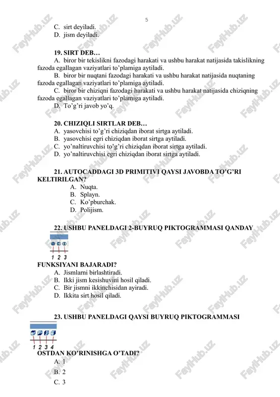 anlash kabi funksiyalarga ega chizma. shaffof chizma muhiti bo’lib, unda ob’ektlar ma’lum bir xususiyatlarga ega. chizma ob’ektlarini yaxlit, bir butun o’zaro bog’langan majmuasi. hech qanday qo’shimcha funksiyalarga ega bo’lmagan oddiy chizma. ushbu paneldagi 1-buyruq piktogrammasi qanday funksiyani bajaradi? jismlarni birlashtiradi. ikki jism kesishuvini hosil qiladi. bir jismni ikkinchisidan ayiradi. ikkita sirt hosil qiladi. ushbu paneldagi qaysi buyruq piktogrammasi chapdan ko’rinishga o’tadi? a. 1 b. 2 c. 3 d. 4 ushbu paneldagi qaysi buyruq piktogrammasi janubiy-sharqiy izometriya ko’rinishiga o’tadi? a. 1 b. 2 c. 3 d. 4 autocadda qatlamlar qaysi panel asosida yaratiladi va tahrirlanadi? «izmenit» paneli. «modelirovanie» paneli «sloi» paneli. «stili» paneli. autocad dasturida chizma shriftlari qaysi panel va buyruq piktogrammasi asosida o’zdst talablariga moslashtiriladi? «svoystva»-«xususiyatlar» panelidagi «tekstovie stili…»-«matn uslublari…» buyruq piktogrammasi. «redaktirovanie»-«tahrirlash» panelidagi «tekstovie stili…»-«matn uslublari…» buyruq piktogrammasi. «stili»-«uslublar» panelidagi «tekstovie stili…»-«matn uslublari…» buyruq piktogrammasi. «stili»-«uslublar» panelidagi «razmernie stili…»-«o’lcham uslublari…» buyruq piktogrammasi. dinamik blok bu…? turli xususiyatlarga – burish, …