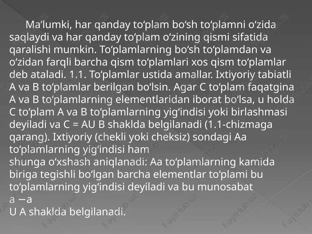 oshq.; ed. a.p. kurnosova-m .: koloss, 2005.-272 bilan 2. malyshev r.a. mahalliy tarmoqlar: o'quv qo'llanmasi / rgata. - rybinsk, 2005. - 83 p. 3. semakin ia, informatika: asosiy kurs / semakin ia, zalogova l., rusakov s., shestakova l. - moskva: binom, 2005. - 105s. image2.jpg /docprops/thumbnail.jpeg muhammad al-korazmiy nomiéasi tatu qarshi. fini ttvakt‘lateti ri 1121 gumh talabast boboislova zebunisoning diskrit fanidan tayyorlagan (l-mustaqil ishi_