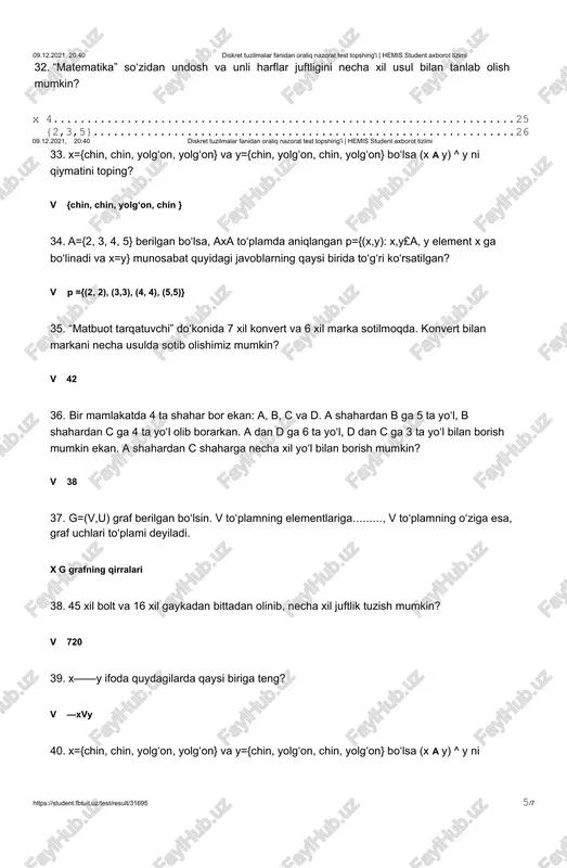 g? x xv-y 15. a={1,2,3,4} to'plamning barcha qism to'plamlari soni nechta? · 16 16. agar a to'plamning har bir elementi b to'plamda mavjud bo'lsa, u holda a to'plam b to'plamga deyiladi? x teng emas 17. 8 ta tovuq, 6 ta o'rdak va 5 ta g'oz bor. uchta parrandani shunday tanlab olingki, ular ichida tovuq, o'rdak va g'oz bo'lsin. shunday tanlashlar soni nechta bo'ladi? 18. elementar mulohazalarning kamida bitta qiymatlar satrida chin qiymat qabul qiluvchi va aynan chin bo‘lmagan formula deb ataladi? x aynan chin(doimo chin) formula yoki tavtologiya 19. agar g va g/ graflarning uchlari to‘plamlari x va x/ orasida o‘zaro bir qiymatli va uchlarning qo‘shnilik munosabatini saqlaydigan moslikni (^) o‘rnatish mumkin bo‘lsa, ya’ni vx,yex va ularga mos bo‘lgan x/,y/ex/(x^x/, y^y/) uchun xyeu ^x/ y/eu/ bo‘lsa, u holda bu graf deyiladi? · izomorf 20. n ta elementar mulohazalarning aynan chin formulasidan farqli har bir a formulasini ga keltirish mumkin. · …