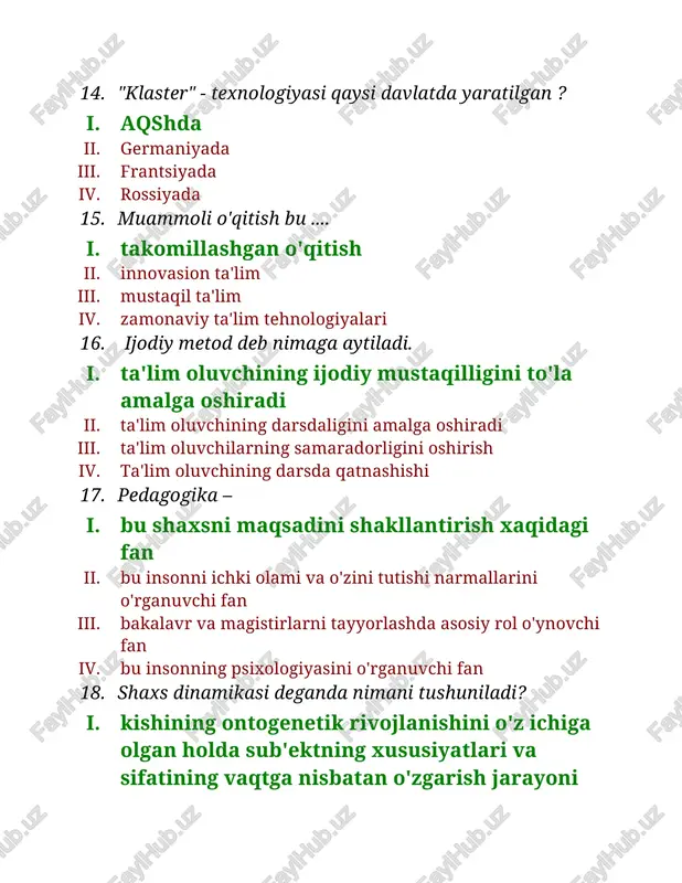 odat iv. ovoz, qobiliyat, tovush, hayol, muhabbat 29. psixologiyaning tarakkiyot boskichlari buyicha tarmoklari kaysi katorda kursatilgan? i. yosh davrlari psixologiyasi: bolalar, usmirlar, uspirinlar ii. diqqatlilik,tafakkur munosabat, mehnat iii. tibbiyot, usmirlar, sport, xarbiy psixologiya iv. ijtimoiy psixologiya, xarbiy va savdo psixologiyasi 30. sezgi bu.... i. oddiy bilishdan iborat psixik jarayon bulib, moddiy borlikdagi narsa va hodisalarning aks ettirishdan iborat ii. moddiy borlikdagi narsa va hodisalarni ayrim xususiyatlarini aks ettirishdan iborat bosh miya pusti rektsiyasidir iii. moddiy borlikdagi narsa va hodisalarni bosh miya pustida aks ettirish jarayonidir iv. sezgilar tirik organizmning tashki dunyoga moslashish xususiyatini ichiga olgandir 31. xotira bu … i. tajribamizga aloqador xar qanday ma'lumotni eslab qolish, esda saklashga bog'liq murakkab jarayondir ii. oldin kabul kilingan taassurotlarni esda saklash bilan boglik jarayondir iii. egallagan tajribalarni amaliy faoliyatda kullashdan iborat psixik jarayondir iv. kishining sezgi va idroklari asosida uz tajribasini boyitish qobiliyati 32. pedagogikada shaxs ta'rifi i. shaxs ta'lim-tarbiya va vaziyatlar …