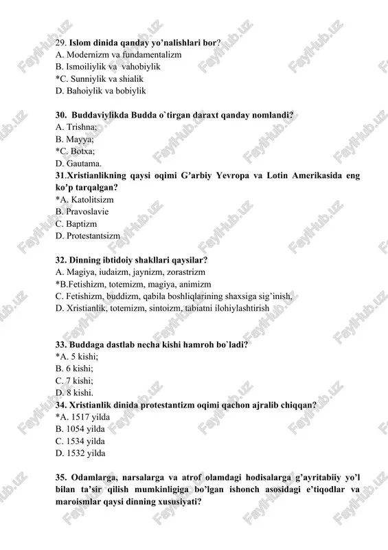 sos solingan? a. 1951-yil b. 1952-yil *c. 1953-yil d. 1954-yil 63. 12 ming qoramol terisiga yozilgan muqaddas kitob? *a. avesto; b. injil; c. tavrot; d. qur`on. 64. movarounnahrlik allomalarning qaysi biri avestoning “30 nask” ligi to`g`risidagi ma`lumotlarni keltirib o`tgan? a. ibn sino; b. xorazmiy; *c. beruniy; d. farg`oniy. 65. zardushtiylikdagi kunlik ibodatlar soni qancha? a. 3 ta; b. 4 ta; *c. 5 ta; d. 6 ta. 66. zardushtiylar orasida 3 yil yashab, ularning tarixini o`rgangan olim kim? a. zamaxshariy; b. volter; *c. dyuperron; d. b. axmedov. 67. dinning jamiyatdagi vazifalari mazmunini qaysi qatorda noto‘g‘ri ko‘rsatilgan? a. kompensator - tasalli beruvchilik b. integrator - birlashtiruvchilik *c. legitimizatsiya - nazorat qiluvchilik d. kommunikativ - bog‘lashtiruvchi 68. qaysi dinda vafot etganlarning suyaklari maxsus idishda saqlanadi? *a. zardushtiylik; b. xristianlik; c. hinduizm; d. yahudiylik. 69. «hamma uchun vijdon erkinligi kafolatlanadi. har bir inson xohlagan dinga e'tiqod qilish yoki hech qaysi dinga e'tiqod qilmaslik huquqiga …