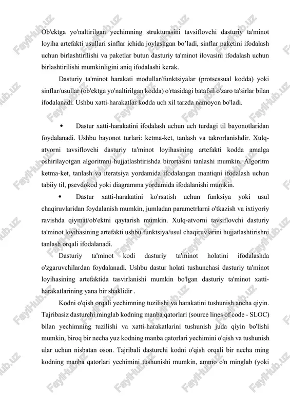 hi va harakatini tushunish ancha qiyin. tajribasiz dasturchi minglab kodning manba qatorlari (source lines of code - sloc) bilan yechimning tuzilishi va xatti-harakatlarini tushunish juda qiyin bo'lishi mumkin, biroq bir necha yuz kodning manba qatorlari yechimini o'qish va tushunish ular uchun nisbatan oson. tajribali dasturchi kodni o'qish orqali bir necha ming kodning manba qatorlari yechimini tushunishi mumkin, ammo o'n minglab (yoki undan kattaroq) kodning manba qatorlari yechimini har qanday dasturchi qisqa vaqt ichida o'qish va tushunish qiyin bo'ladi. kodning tuzilishi va xatti-harakatlarini tezda tushunish qobiliyati dasturiy ta'minot loyihasini o'rganish muhimligining sabablaridan biridir. yaxshi dasturiy ta'minot loyihachisi dastur kodini to'g'ri ifodalaydi, shu bilan birga kimgadir yechim tuzilishi va xatti-harakatlarini tushunish uchun kodni o'qishdan ko'ra kamroq vaqt ichida tushunishga imkon beradi. dasturiy ta'minot loyihachisi kodni aniq ifodalovchi abstraktsiyalarni yaratish qobiliyatini rivojlantirishi kerak. 3. loyihalash usullari loyihalash uchun protseduralar, texnikalar, yordamchi vositalar yoki vositalar. ular dizayner umumiy dizayn jarayonida foydalanishi mumkin bo'lgan bir …