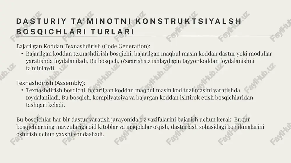 alablarini o'rganishda yordam beradi. loihalarni yaratish (prototyping): qo'llanmaning ishtirokini ta'minlash: qo'llanuvchilar prototip orqali dastur interfeysini sinab ko'rishadi va u bilan ishlash orqali qo'llanmaning qanday ishlaydiganini tushunishadi. bu, dastur yaratilishi davomida foydalanuvchilar bilan maslahatlashishga va ularga to'g'ri yondashishga imkon beradi. boshqa dasturlovchilar bilan ishlash: prototipni boshqa dasturlovchilar va muhandislarga taqdim qilish orqali, ularning fikrlari va maslahatlari orqali tuzilayotgan dasturda o'zgarishlar kiritishga imkon beradi. dastur tuzilishida yangilanishlarni kiritish: prototip orqali, dastur yaratish jarayonida kerakli o'zgarishlarni kiritish va rivojlantirish uchun yaxshi loyiha tuziladi. tizimning amaliyotga qo'yilishi: prototipni ishga tushirib, dasturning amaliyotda qanday ishlayotganini tekshirish imkonini beradi. bu bosqich, tizimning amaliyotda qanday ishlayotganini tasavvur qilishda va dastur yaratilishida muammo va xatoliklarni aniqlashda yordam beradi. loihalarni yaratish (prototyping): loihalarni yaratish bosqichi, tizim yaratish jarayonida o'zining yuzlab yuz hosil bo'lish va rivojlanishini ta'minlashda muhim ahamiyatga ega. bu, dasturlovchilarning fikrini ko'rish, tizimning amaliyotda qanday ishlayotganini ko'rsatish va o'zgarishlarni tezda qo'llash imkonini beradi. loihalarni yaratish (prototyping): hulosa dasturiy …