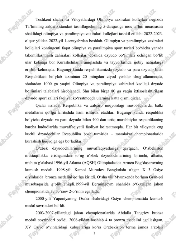 ari qoshida dzyudo bo‘limlari ochilgan bo‘lib ular kelajagi bor kurashchilarni aniqlashda va tayyorlashda ijobiy natijalarga erishib kelmoqda. bugungi kunda respublikamizda dzyudo va para dzyudo bilan respublikasi bo‘ylab taxminan 20 mingdan ziyod yoshlar shug‘ullanmoqda, shulardan 1000 ga yaqini olimpiya va paralimpiya zahiralari kaolleji dzyudo bo‘limlari talabalari hisoblanadi. shu bilan birga 80 ga yaqin ixtisoslashtirilgan dzyudo sport zallari faoliyat ko‘rsatmoqda ularning katta qismi qizlar. qizlar nafaqat respublika va xalqaro miqyosdagi musobaqalarda, balki medallarni qo‘lga kiritishda ham ishtirok etadilar. bugungi kunda respublika bo‘yicha dzyudo va para dzyudo bilan 400 dan ortiq murabbiylar respublikaning barcha hududlarida muvaffaqiyatli faoliyat ko‘rsatmoqda. har bir viloyatda eng kuchli dzyudochilar respublika bosh turnirida – mamlakat chempionatlarida kurashish huquqiga ega bo‘ladilar. o‘zbek dzyudochilarining muvaffaqiyatlariga qaytgach, o‘zbekiston mustaqillikka erishganidan so‘ng o‘zbek dzyudochilarining birinchi, albatta, muhim g‘alabasi 1996-yil atlanta (aqsh) olimpiadasida armen bag‘dasarovning kumush medali. 1998-yili kamol murodov bangkokda o‘tgan x 3 osiyo o‘yinlarida bronza medalini qo‘lga kiritdi. o‘sha yili myunxenda bo‘lgan …