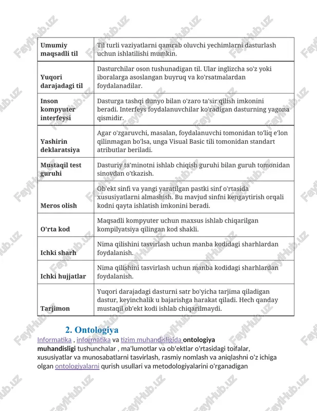 ar asosida tuzilgan ma'lumotlarni taqdim etadigan mashina tomonidan talqin qilinadigan ontologiyalardan foydalanishdir . ontologiya muhandisligi - bu atamalar ro'yxatidan ko'proq narsani o'z ichiga olishi mumkin bo'lgan bunday ontologiyalarni loyihalash va yaratish ( boshqariladigan lug'at ); ularda terminologik, tasdiqlovchi va munosabat aksiomalari mavjudtushunchalarni (sinflarni), shaxslarni va rollarni (xususiyatlarni) aniqlash ( mos ravishda tbox , abox va rbox). [3] ontologiya muhandisligi - bu ontologiyaning rivojlanish jarayoni, ontologiyaning hayot aylanishi, ontologiyalarni qurish usullari va metodologiyalari, [4] [5] va ularni qo'llab-quvvatlovchi vositalar to'plami va tillari bilan bog'liq nisbatan yangi tadqiqot sohasi . ontologiyalarning mantiqiy asosini ta'minlashning keng tarqalgan usuli bu aksiomalarni tavsif mantiqlari bilan rasmiylashtirishdir, keyinchalik ularni rdf/xml yoki turtle kabi har qanday rdf serializatsiyasiga tarjima qilish mumkin . mantiqiy aksiomalarni tavsiflashdan tashqari, ontologiyalar ham o'z ichiga olishi mumkinswrl qoidalari. kontseptsiya ta'riflari ob'ektlarga, shaxslarga va hokazolarga izoh qo'shish va ularni bilim bazalari , ontologiyalar va tegishli manbalar bilan o'zaro bog'lash uchun rasmlar, videolar va …