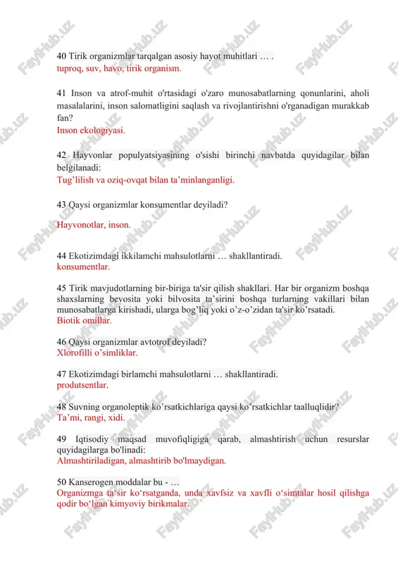 lar: oziq-ovqat resurslari va kasalliklar. 59 tabiiy tizimlarda sodir bo’ladigan qoidabuzarliklarni xarakterlovchi narsa? ekologik zarar. 60 tarqatish tasnifiga kirmaydigan atrof-muxit monitoring turini belgilang. biologik. 61 iqlim - … . ma‘lum joyda yil davomida ob-havoning navbatma-navbat almashinishi. 62 issiq buloqlar, vaqti-vaqti bilan qaynoq suv favvoralarini va bug’ ustunlarini yer yuziga tashlaydi: geyzerlar. 63 havoning ifloslanishi, atrof muxitga zarar yetkazadigan oziq-ovqat, sifatsiz ichimlik suvi, shovqin va boshqalar birinchi navbatda odamlarning sog’lig’iga etkaziladgan zarar? ijtimoiy zarar. 64 quyidagi chiqindilarni qaysi birlari energetik chiqindilar turiga kiradi? issiqlik, yorug’lik, radioaktiv, shovqin, elektromagnit. 65 tabiiy sabablar yoki antropogen ta’sirlar natijasida o'rmonning yo'q bo'lib ketishi bu - … . o'rmonlarni yo’q qilish. 66 ekologik tanglik kelib chiqishining asosiy sabablari: inson bilan tabiat o'rtasidagi muvozanatning buzilishi. 67 xar yili dunyo miqyosida 5 iyun kuni qaysi ekologik kun sifatida nishonlanadi? atrof muhitni muhofaza qilish kuni. 68 konsumentlar – tayyor organik moddalarni istemol qiluvchilar. 69 aholi sonining ko'payishi bilan tashqi …