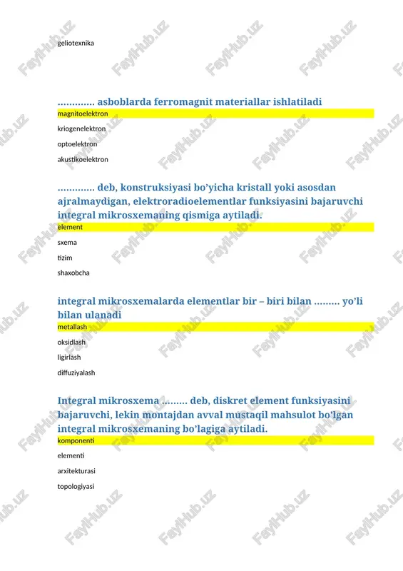 vchi p – soha ishlatilishi mumkin. integral kondenstorlar integral rezistorlar intergal diodlar integral simistorlar …………. integral tranzistor asosida hosil qilinadi integral diodlar integral tiristorlar integral simistorlar integral varistorlar tranzistor – tranzistorli mantiq asosidagi raqamli integral mikrosxemalarning mantiq elementlarida ……….. qo’llanladi. ko’p emitterli n-mdya p-mdya ko’p kollektorli tranzistorlar integral –injektsion mantiq asosidagi raqamli integral mikrosxemalarning mantiq elementlarida ……….. qo’llanladi. ko’p kollektorli tranzistorlar n-mdya p-mdya ko’p emitterli ………..– tranzistorlar asosida integral mikrosxemalar tayyorlash texnologiyasi btlar asosida integral mikrosxemalar tayyorlash texnologiyasiga qaraganda ancha sodda mdya darlington shottki shiklay komplementar mdya –invertorlarda ….. qo`laniladi n-mdya va p-mdya ko’p emitterli tranzistorlar ko’p kollektorli tranzistorlar n-p-n va p-n-p bt komplementar bt – invertorlarda ….. qo`laniladi n-p-n va p-n-p n-mdya va p-mdya n-mt va p-mt ko’p emitterli tranzistorlar bt musbat mantiqli btli invertor kirishiga mantiqiy «1» ga mos signal berilsa tranzistor …… rejimda ishlaydi to`yinish berk invers aktiv musbat mantiqli btli invertor kirishiga mantiqiy «0» ga mos …