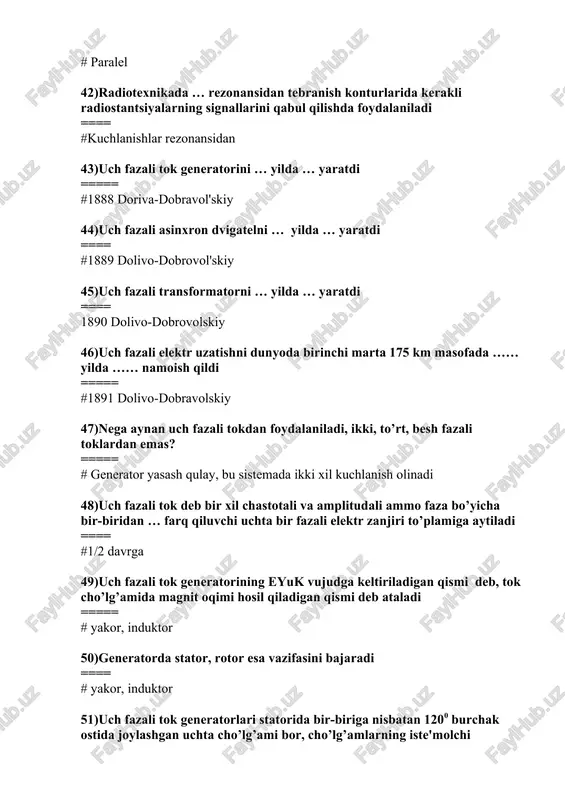 chi, ulanadigan cho’lg’ami birlamchi cho’lg’am deb ataladi ===== #iste'molchiga, tok manbaiga 71)tranformator salt ishlash rejimidagi isroflarni isroflar deyish mumkin ==== # magnit 72)trasformator tarmoqdan olgan quvvat iste'molchiga bergan quvvatga deyarli teng bo’lishi jlul = j2u2 transformator bog’liq ===== # tuzilishiga 73)transfarmatorlarning kuchlanishni necha marta o’zgartirishi bog’liq ===== # ikkala cho’lg’am o’ramlar soniga k=n2/n1 74)transformator kuchlanishni 10000 v dan 100000 v gacha o’zgartirsa, transformatsiya koeffitsienti qancha ==== #10 75)transformator kuchlanishni o’zgartirsa, undagi o’zgaradi ==== #tok kuchlari 76)transformatorlarning payvandlash, avtotrasformator, o’lchash transformator, pik transformator deb atalavchi turlari transformatorlar deyiladi ===== #maxsus 77)o’lchash transformatorlarida transformator kuchlanishni vol'tga, tok kuchini amperga tushirib o’lchash imkonini beradi ===== #100 v, 5 a 78)avtotransformator deb past kuchla-nish cho’lg’ami yuqori kuchlanish cho’l-g’amning …… bo’lgan transfarmatorga aytiladi ==== #bir qismi 79)elektr o’lchov asboblari elektr tokining turlicha bo’lganligi uchun ko’p turlarga bo’linadi ==== # parametri 80)uyimizdagi elektr hisoblagich elektr tokining o’lchaydi ==== #sarflangan energiyasini 81)o’zgaruvchan tok energiya sarfini o’zgarmas tok …