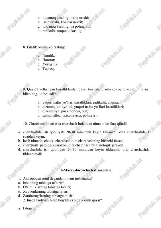 r vaqt birligi ichida populyasiyalarda paydo bo‘lgan yangi organizm; 4. ventilyasiya dorixonada qanday yo‘llar bilan olib boriladi? a. faqat tabiiy; b. hamma javoblar to‘g‘ri; c. tabiiy, sun’iy; d. faqat sun’iy 5. populyasiyaning guruhli xususiyatlari: a. ko‘payishi; b. soni, zichligi, tug’ilishi, nobud bo‘lishi; c. morfologik, biologik xulqiy (xatti-xarakatlari); d. genetik biriligi, ko‘payishi 6. havfliligi bo’yicha 1-sinfga kiradigan kimyoviy moddalar nima deb nomlanadi? a. o‘ta havfli moddalar; b. yuqori havfli moddalar; c. o‘rtacha havfli moddalar; d. kam havfli moddalar 7. nima uchun kimyoviy ishlab chiqarish koxonalarida ishlab chiqarish jarayonini germetizatsiyalash kerak? a. kimyoviy chiqindilarni atmosferaga chiqishini kamaytirish uchun; b. ishchi zona havosining kimyoviy zararlanishini kamaytirish uchun; c. o‘tkir zaharlanishni oldini olish uchun; d. surunkali zaharlanishni oldini olish uchun; 8. qishloq xo‘jaligida ishlovchilar uchun qaysi kimyoviy omil havfli hisoblanadi? a. pestitsidlar; b. fenollar; c. xlorli birikmalar; d. benzin, benzol, kerosin 9. populyatsiya so‘zining ma’nosi qanday? a. populyatsiya aholi degan ma’noni bildiradi; b. populyatsiya …