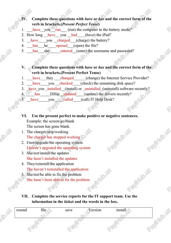 spend it. ii. complete this text with the words in the box. and but or so up companies want to reach more customers,(1)_so_they go online. it is easy to set 2)_up_ an online business (3)_but___it is difficult to design and develop a website that attracts a lot of customers. hardware (4 )_and_software provide basic infrastructure for e-commerce. networking, customer interface and payment solutions are very important parts of a company's e-commerce solution. customers expect a fast and reliable service (5)_or_they will go somewhere else to buy things. iii. complete these sentences with the words in the box . between on over to with 1. is this software compatible ______with_____this computer? 2. a lan connects devices ___over____a small area. 3. is the computer connected ___to______the modem? 4. the lan allows you to share information__between___users. 5. why don't you look _on_the internet ? iv. complete these questions with have or has and …