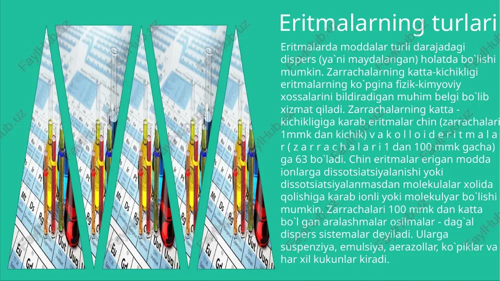 i tenglamaga qo'yib, t ni aniqlaymiz: eritmalarning molyar ekvivalent konsentratsiyasi va ekvivalent massasi ma'lum bo'lsa, uning titri quyidagi tenglama bilan ham topiladi: mikrogramm — foiz konsentratsiya (mkg%) 100 mg eritmada erigan moddaning mikrogrammdagi miqdorini ko'rsatadi. bu o'lchov birligi bilan qon, qon zardobi va boshqalarda mikroelement, vitamin, gormonlar va boshqa biologik faol birikmalarning konsentratsiyasi ifodalanadi. foydalanilgan adabiyotlar: “tibbiy kimyo” , s. masharipov “kimyo”, m. m. abdulhayeva https://namdu.uz/media/books/pdf/2024/06/25/namdu-arm-7991-tibbiy_kimyo.pdf e’tiboringiz uchun rahmat image1.jpeg image2.jpeg image3.jpg image4.jpg image5.jpg image6.jpg image7.jpg image8.png image9.png image10.png image11.png image12.png image13.png image14.png image15.png image16.png image17.png image18.png image19.png image20.png image21.png image22.png image23.png image24.png image25.jpg o= ™ eigan modda yoki o= mneigan modda at 00% m m eritma eritma = 240g + 60g = 3008 meritma = my 30 +m 8 na 50 4 m vaso, = nayso, 60 =0.2 yoki 0.2-100% = 20% m 300 eritma verigan modda verigan modda q yokig= veritma veritma - 100% =2l; varatasoma =vsg, + …