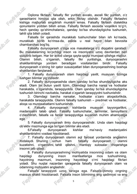 oqarash olamni ilohiy kuchlarga bog‘lab tushuntirishdir: diniy dunyoqarash e’tiqod asosiga qurilgan dunyoqarashdir. diniy dunyoqarash ilohiylashtirish, diniy xulq va diniy urf-odatlar bilan chambarchas bog‘liq. diniy dunyoqarashni cheklangan, xato dunyoqarash tarzida emas, balki insoniyat ma’naviy madaniyatining muhim tarkibiy qismi sifatida qaralmog‘i lozim. shu ma’noda diniy dunyoqarash: a) kishilarning olamga o‘ziga xos munosabatini ifodalaydi; b) diniy dunyoqarash doirasida ajdodlarimiz bizga me’ros qilib qoldirgan umuminsoniy, axloqiy qadriyatlar mujassamlashgan; v) din, diniy dunyoqarash ijtimoiy hayotda, ijtimoiy-siyosiy munosabatlarda muhim o‘rin tutib kelgan; g) asrlar mobaynida diniy dunyoqarash kishilarni bahamjihatlikka, hamkorlikka, yaxshilikka xizmat qilishga undagan. yuqoridan kelib chiqqan holda, din, diniy dunyoqarash umuminsoniy madaniyatning tarkibiy qismi sifatida ham milliy, ham umuminsoniy qadriyat sifatida baholanmog‘i lozim. din, diniy dunyoqarash hozirgi davrda alohida ahamiyatga molik muammo hisoblanadi. hozirgi davrning o‘ziga xos xususiyati haqida i.karimovning “o‘zbekiston xxi asr bo‘sag‘asida: xavfsizlikka tahdid, barqarorlik shartlari va taraqqiyot kafolatlari” asarida “xx asr ajoyib ilmiy kashfiyotlar asri, inson koinot sirlari qo‘yniga kirib borayotgan asr… …