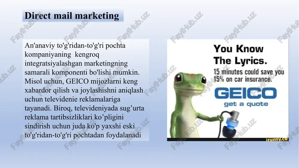 ishi juda boshqacha bo'lsa-da, bu ikkala usul ham dastlab oddiy telefon suhbatini asosiy aloqa vositasi sifatida ishlatgan; ammo, mobil marketing hozirgi kunda juda keng rivojlangan rivojlandan. telemarketing telemarketing to'g'ridan-to'g'ri iste'molchilarga va biznes mijozlarga sotish uchun telefondan foydalanishni o'z ichiga oladi. amerikalik marketologlar bu yil telemarketingga taxminan 44 milliard dollar sarflaydi, bu deyarli toʻgʻridan-toʻgʻri pochta marketing xarajati bilan teng. biz hammamiz isteʼmolchilarga qaratilgan telefon marketingini yaxshi bilamiz, biroq biznesdan biznesga (b-to-b) marketologlari telemarketingdan ham keng foydalaning. marketologlar to'g'ridan-to'g'ri iste'molchilar va korxonalarga sotish uchun chiquvchi telefon marketingidan foydalanadilar telemarketing direct-response televison marketing (drtv) to'g'ridan-to'g'ri javob televideniesi (drtv) marketingi ikkita asosiy shakldan birini oladi: to'g'ridan-to'g'ri televidenie reklamasi va interaktiv tv (itv) reklamasi. to'g'ridan-to'g'ri javob beruvchi televidenie reklamasidan foydalangan holda, to'g'ridan-to'g'ri sotuvchilar ko'pincha 60 yoki 120 soniya uzunlikdagi televizion lavhalarni efirga uzatadilar, ular mahsulotni ishonchli tarzda tavsiflaydi va mijozlarga buyurtma berish uchun bepul raqam yoki onlayn sayt beradi. shuningdek, u bitta mahsulot uchun reklama …