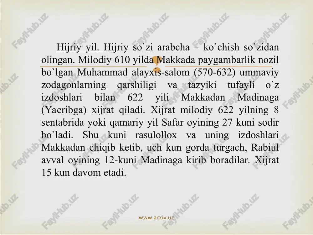 ezon akrab qavc tarozi chayon yoy 22 sentabr – 21 oqtabr 22 oqtabr – 21 noyabr 22 noyabr – 21 dekabr qish o`kloq ko`nak baliq jadiy dalv xut tog` echkisi qovg`a baliq 22 dekabr – 21 yanvar 22 yanvar – 21 fevral 22 fevral – 21 mart www.arxiv.uz hijriy shamsiy yil hisobidan dehqonchilik, chorvachilik, umuman xo`jalik yuritish, kundalik, mavsumiy, amaliy tadbirlarni rejalashtirish, ishlarni vaqt – fursati, kezi, mavsumiga qarab asosli va to`g`ri yo`lga qo`yish amallarida foydalaniladi. musulmonlar yil hisobiga e`tibor berganligimizning yana bir sababi mamla- katimiz kutubxonalarida 20 mingdan ortiq turli fanlarga oid ko`lyozma, bitiklar saqlanib, ularda ko`rsatilgan sanalar, yillar biz o`ylaymizki, hijriy yil hisobida qayd etilgan. xx asrning 20-yillariga qadar markaziy osiyoda shu hisob davlat ishlarida ham amal qilgan. o`z o`tmishi bilan qiziqqan har bir inson bularni bilishi kerak. www.arxiv.uz www.arxiv.uz hijriy yil hisoblari. mustaqilligimiz sharofati-yu, ajdodlarimiz merosiga an`anaviy xurmat tufayli madaniy yodgorliklarimizni o`rganishga kiziqish ortib boryapti. moziydagi shoir …