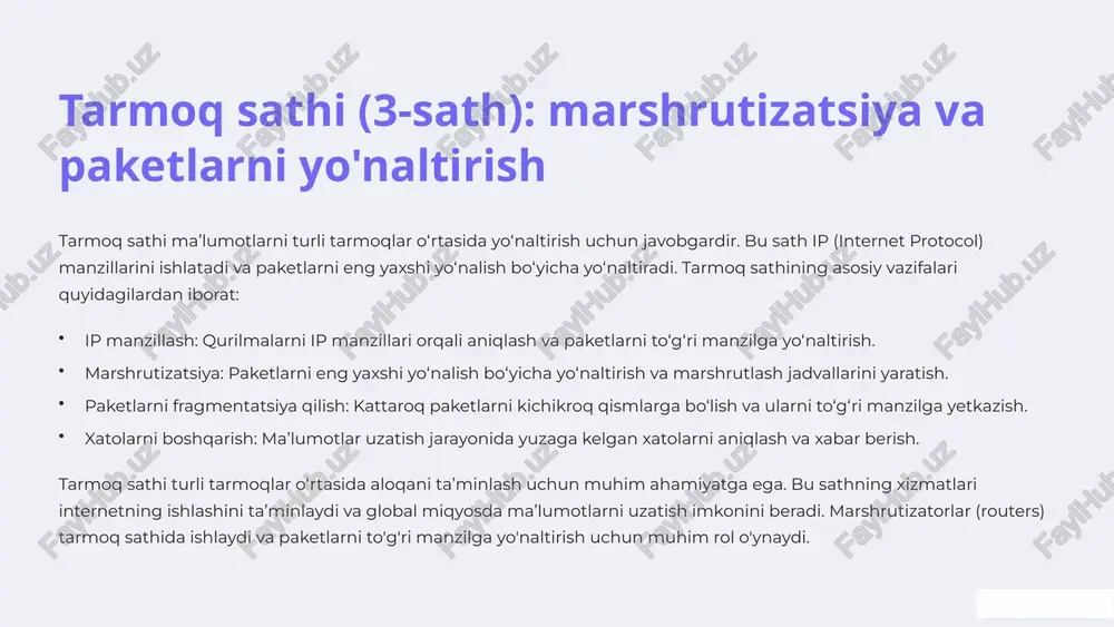 taqdim etish: foydalanuvchilarga tarmoq xizmatlari bilan o‘zaro aloqa qilish imkoniyatini beruvchi interfeysni taqdim etish. ilovalar sathi foydalanuvchi dasturlarining tarmoq bilan aloqa qilishini ta’minlaydi. bu sathning xizmatlari internetning ishlashini ta’minlaydi va foydalanuvchilarga turli xil tarmoq xizmatlaridan foydalanish imkoniyatini beradi. 9 osi modelining zamonaviy tarmoq texnologiyalarida ahamiyati va qo'llanilishi osi modeli zamonaviy tarmoq texnologiyalarida muhim rol o‘ynaydi. garchi tcp/ip modeli ko‘proq qo‘llanilsa-da, osi modeli tarmoq protokollarini tushunish va ishlab chiqish uchun asosiy konsepsiya bo‘lib qolmoqda. osi modelining afzalliklari quyidagilardan iborat: standartlashtirish: tarmoq protokollarini standartlashtirish va turli xil qurilmalar o‘rtasida o‘zaro muvofiqlikni ta’minlash. modullashtirish: tarmoq protokollarini modullashtirish va har bir sathning vazifalarini aniq belgilash. muammolarni aniqlash: tarmoqdagi muammolarni aniqlash va bartaraf etishni osonlashtirish. o‘qitish va tushuntirish: tarmoq texnologiyalarini o‘qitish va tushuntirish uchun qulay vosita. osi modeli tarmoq protokollarini ishlab chiqish, tarmoq muammolarini aniqlash va bartaraf etish, hamda tarmoq texnologiyalarini o‘qitish uchun muhim ahamiyatga ega. zamonaviy tarmoq texnologiyalari, masalan, bulutli hisoblash, virtualizatsiya va sdn …