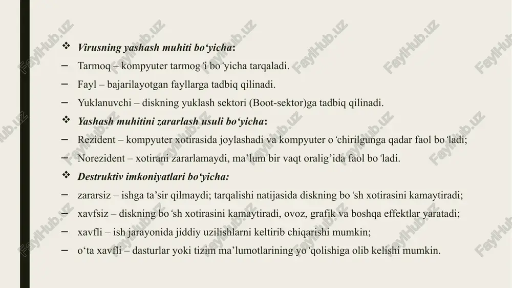 chang viruslar operatsion tizimning nozik joylaridan foydalanish yoki zararlangan elektron xatlarni ochish yo’li bilan kompyuteringizga o’rnashib olishi mumkin. boot sektor viruslari (bootsector viruses) – bu viruslar kompyuterning ishlay boshlashi (zagruzka) uchun foydalaniladigan qattiq diskning maxsus qismini ishdan chiqaradi. bu virus kompyuteringizni zararlaganidan keyin kompyuter ishlamay qolishi mumkin. odatda floppy disklar orqali tarqaladi. makro viruslar (macro viruses) – macro viruslar bu – o’zlarining tarqalishi uchun boshqa bir programmaning makro dasturlash tilidan foydalanadigan viruslardir. ular odatda microsoft word yoki excel xujjatlarini zararlaydi. operativ xotirada yashovchi viruslar ( memory resident viruses ) - bu viruslar kompyuteringizning operativ xotirasida (ram) yashaydi va zararli harakatini amalga oshiradi. odatda ularni ishga tushirish uchun boshqa virusdan foydalaniladi. ular o’zlarining ishga tushishga yordam bergan virus yopilgan bo’lsa ham kompyuter xotirasida qoladi, shuning uchun ham ularga yuqoridagi nom berilgan. rootkit viruslari (rootkit viruses) – rootkitlar viruslar orasida o’zlarining eng xavfliligi va yashirinishga ustaligi bilan alohida ajralib turadi. rootkitlar kompyuteringizni …
