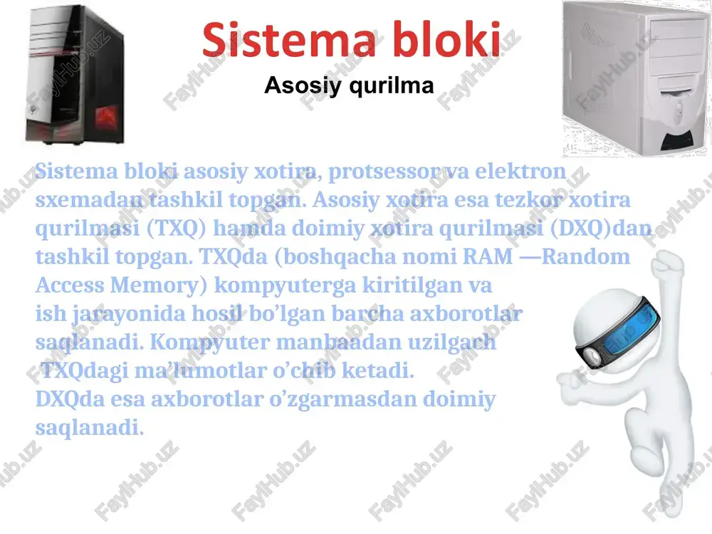 mdagi axborotni oz ichiga sig’dira oladigan abim otkazgichli xotira. hozirgi kunda flesh xotiralarning hajmi 32 gb gacha bo’lgan axborotni oziga sig dira oladigan turlari mavjud. ma’lumot yozish tezligi 6700 kbayt/sek gacha yetadi. malumot ogqish tezligi esa 18000 kbayt/sek gacha boradi. qo’shimcha qurilmalar strimmer strimmer (inglk ~~ = -_~uzun hilpirovchi lenta) vinchesterdagi eng zarur axborotlarni ‘buzmasdan asrash uchun uning nusxasini kochirib zahirada saqlash uchun _ xizmat qiladigan qurilma. strimer ma’lumotlarni magnit tasmalarga juda tez ko’chirishni tashkil etadi. magnit tasmalar sifatida audio yoki video tasmalardan foydalaniladi. qo’shimcha qurilmalar /docprops/thumbnail.jpeg