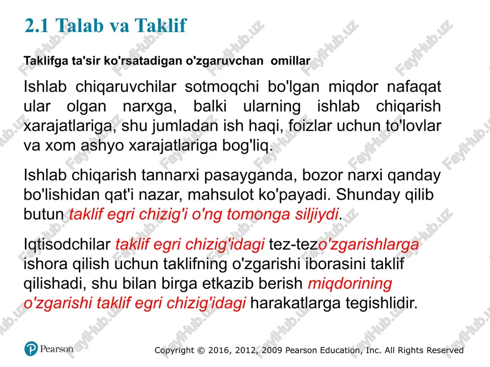 lishadi - p2. bu qanday miqdorda ishlab chiqarilgan bo'lishidan qat'i nazar, shunday bo'ladi. shunga qaramay, biz 2.1-rasmda taklif egri chizig'i o'ng tomonga siljishi kerakligini ko'rib turibmiz, etkazib berilayotgan miqdorning narx o'zgarishiga javobini ta'minot egri chizig'i bo'ylab harakatlar bilan ifodalash mumkin. shu bilan birga, ta'minotni belgilaydigan boshqa o'zgaruvchilarning o'zgarishiga etkazib berishning javobi ta'minot egri chizig'ining o'zi siljishi sifatida grafik ravishda ko'rsatiladi. ta'minot o'zgarishlarining ushbu ikki grafik tasvirini farqlash uchun iqtisodchilar taklifning o'zgarishi iborasini tez-tez taklif egri chizig'idagi siljishlarga ishora qilishadi, shu bilan birga taklif egri chizig'idagi harakatlarga qo'llash uchun etkazib beriladigan miqdordagi iboralarni o'zgartirish. 5 2.1 talab va taklif talab egri chizig`i talab egri chizig'i iste'molchilar sotib olishga tayyor bo'lgan tovar miqdori va tovar narxi o'rtasidagi munosabatlar. rasm 2.2 talab egri chizig`i d deb belgilangan talab egri chizig'i iste'molchilar tomonidan talab qilinadigan tovar miqdori uning narxiga qanday bog'liqligini ko'rsatadi. talab egri chizig'i pastga qarab moyil bo'ladi; boshqa narsalarni teng ushlab turganda, …