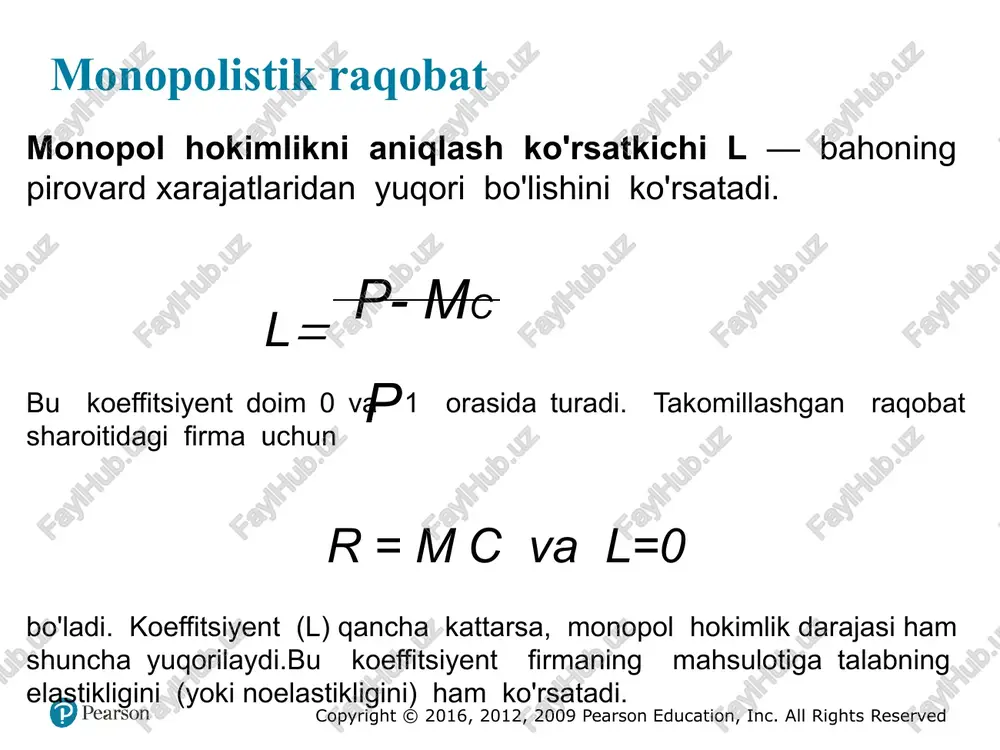 kamayib ketgan bo'lar edi. shuning uchun monopolist bozor qonunlariga rioya qilib ish yuritadi.monopolist foydani maksimal darajaga chiqarmoqchi bo'lsa, bozor talab in i va o 'z x arajatlarini aniqlab ish k o 'rish i lozim . iqtisodiy qarorlar qabul qilishda talabni va xarajatlami baholash, hisoblash hal qiluvchi ahamiyatga ega. shunday m a’lumotlarga ega bo'lgandan so'ng ishlab chiqaradigan va sotadigan mahsulot hajmini, uning bahosini aniqlash to'g'risida bir qarorga kelishi zarur. qachon foyda maksimal darajaga chiqadi?«maksimal foydaga erishishni ta’minlaydigan mahsulot hajmini aniqlash uchun pirovard daromad pirovard xarajatlarga teng bo‘lishi kerak», degan qoidaga am al qilish shart. masalan, to ‘rtta firmaning tish yuvish ch o ‘tkasining ishlab chiqarish kuniga hajmi 20000 dona (har bir firmaning bir kunlik ishlab chiqarish hajmi 5000 dona), bir donasining bahosi 1,5 dollar b o ‘lsa, albatta foyda pirovard xara- jatlardan ortib ketadi.pirovard daromadning (m r ) pirovard xarajatlarga (m c) teng bo‘lish qoidasi mr = mc takomillashgan sof, erkin …