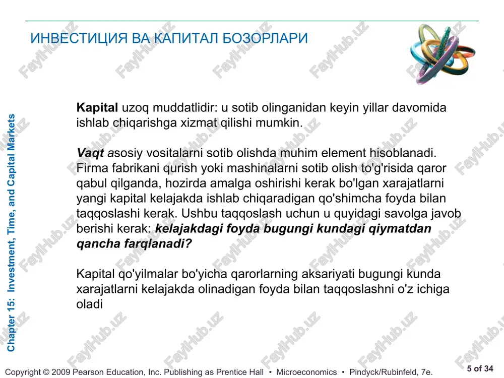 akdagi qiymati. endi, bir yildan keyin to'lanadigan $ 1 ning bugungi qiymati, ya'ni hozirgi diskontlangan qiymati (pdv) qanday? bundan keyin yiliga 1 dollar bugun $ 1 / (1 + r) ga teng. bu r stavkasi bo'yicha sarmoya kiritilsa, bir yildan keyin 1 dollar hosil qiladigan pul miqdori. n yildan keyin to'lanadigan $1, bugungi kunda $1/(1 + r)n ga teng ● foiz stavkasi, bu qarz olish yoki qarz berish mumkin bo'lgan stavka. ● joriy diskontlangan qiymat (pdv) kutilayotgan kelajakdagi pul oqimining joriy qiymati buni quyidagicha umumlashtirishimiz mumkin: 15.2 chapter 15: investment, time, and capital markets * of 34 copyright © 2009 pearson education, inc. publishing as prentice hall • microeconomics • pindyck/rubinfeld, 7e. joriy diskont qiymat (pdv) joriy diskontlangan qiymat (pdv) kelgusi qiymat (fv) chapter 15: investment, time, and capital markets * of 34 copyright © 2009 pearson education, inc. publishing as prentice hall • microeconomics • pindyck/rubinfeld, 7e. joriy diskont …