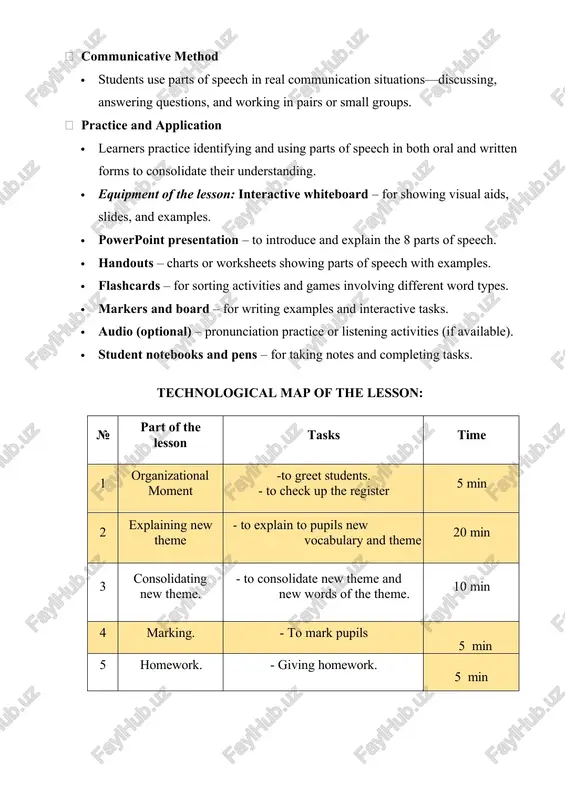 ass, focusing on identifying and understanding the parts of speech used meanwhile use the material below. marking: 1. check student responses · collect any worksheets or sentences that students completed during the lesson. · check if students correctly identified the parts of speech and used them properly in sentences. 2. provide corrective feedback · correct any mistakes made during practice activities, ensuring that students understand why their answer was incorrect. · for example: · if a student incorrectly identified a verb as an adjective, explain the distinction clearly. · example: “the word run is a verb because it shows action, not an adjective that describes a noun.” 3. peer or self-marking (optional) · if appropriate, ask students to mark each other’s work, providing opportunities for peer-to-peer learning. · alternatively, students could mark their own work with teacher guidance. 4. class discussion of mistakes · review common mistakes as a class. …