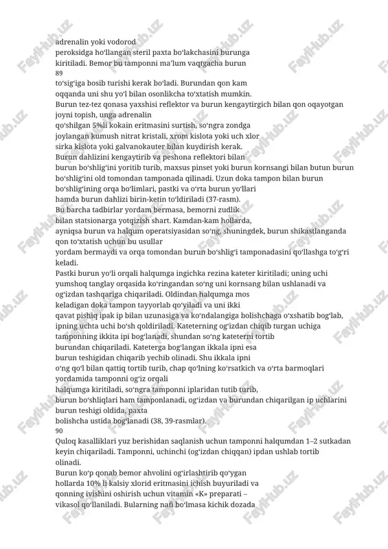 bo‘ladi. bemorning umumiy ahvoli yomonlashadi, kuchsizlanib rangi oqaradi, taxikardiya kuzatiladi, puls sekinlashadi, gemoglobin miqdori kamayadi, arterial bosim pasayadi, odamni sovuq ter bosadi. ketgan qon miqdoriga qarab qon ketishi quyidagilarga bo‘linadi: 1. yengil qon ketishi – agar qon qisqa muddat ichida tomchilab ketsa; 2. o‘rtacha og‘irlikdagi qon ketishi – 200 ml gacha qon yo‘qotganda; 3. og‘ir qon ketishi – 200 ml dan ortiq qon yo‘qotganda. davolash. burni qonayotgan bemorga birinchi yordam ko‘rsatishda unga tinch sharoit yaratish zarur. buning uchun ko‘pchilik hollarda bemorning boshini baland qilib yotqizib (boshiga 2–3 ta yostiq qo‘yib), unga burun qanotini burun to‘sig‘iga 10–20 daqiqa bosib turish buyurilsa, burun qonashi to‘xtaydi. bunda bemor burnini qoqmasligi kerak. bu yordam bermasa, adrenalin yoki vodorod peroksidga ho‘llangan steril paxta bo‘lakchasini burunga kiritiladi. bemor bu tamponni ma’lum vaqtgacha burun 89 to‘sig‘iga bosib turishi kerak bo‘ladi. burundan qon kam oqqanda uni shu yo‘l bilan osonlikcha to‘xtatish mumkin. burun tez-tez qonasa yaxshisi reflektor va …