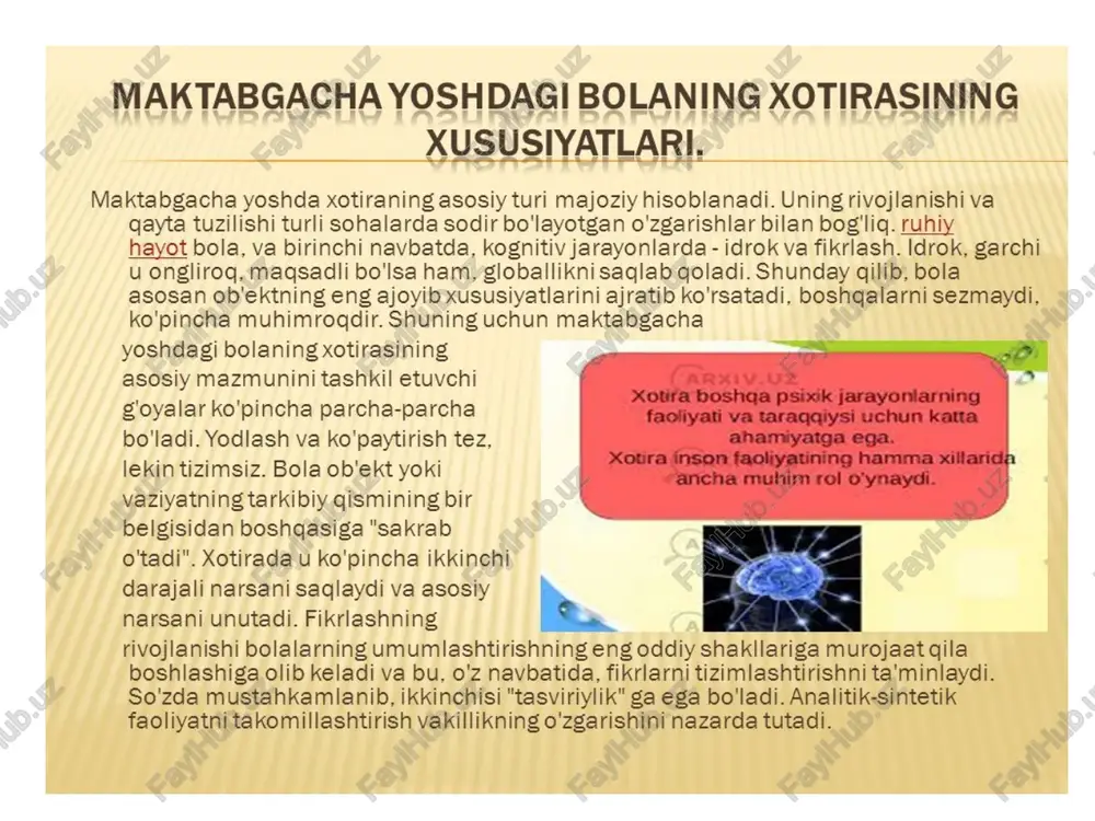iya yoshi! bolalar "ss bundavo organi extyoylardan ‘ashkan imony va melee extyojaring dagiobt ural ‘yuzaen kela boshlaydi, masalan bod" ehegacha tarbiya soshioagt bolalar stssh eapira olngsalar sam xaddan tashkad gakuvehan uladiar ula uzlangnfuringan nar bu asa aller ban grata usb sargunlaricha nb tnchimaya {fl myshared 4. bolalarda xotira rivojlanishi bolalarning xotira rivojlanishi muhim bosqich bo'lib, 3 yoshdan 5 yoshgacha bo'lgan davrda sezilarli darajada kuchayadi. ushbu yoshda bolalar tasavvur va eslab qgolish gobiliyatlarini faol rivojlantiradilar. tadqigotlar shuni ko’rsatadiki, kognitiv o’yinlar va kitob o’gish xotira shakllanishiga ijobiy ta’sir qiladi. har kuni yangi so’zlarni o'rganish eslab qolish qobiliyatini 20 foizgacha oshirishi mumkin. bolalarda maktab yoshiga yetguncha xotira qobiliyati muhim darajada rivojlanadi, chunki bu davrda ular o’qish va yozishni o’zlashtiradilar, bu esa turli sohalarda muvaffaqiyatga erishish uchun zamin yaratadi. amaictabgacha yosh davrida psixik. rivojlanish xususiyatlart b® maktabgacha ss maktabgacha yoshdagi bolalar psixik rivojlanishi oe ieee are k= a= &kotchib oish shartian * = 23.09.2019 …