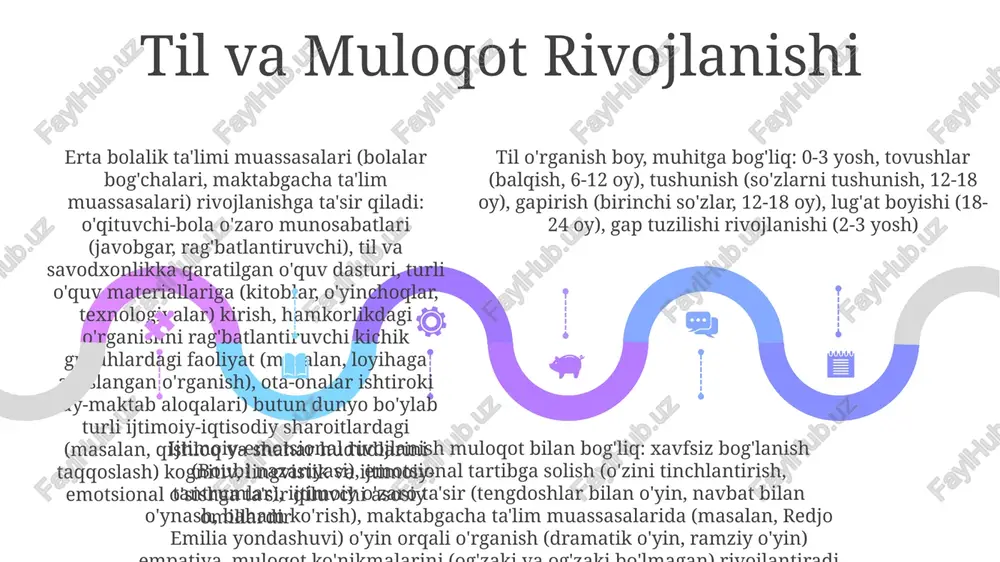 qishloq hindistoni) erta bolalik ta'limi (ebt) dasturlari (masalan, montessori, redjo emilia) tuzilgan muhitlarni taklif qiladi. xavfsiz bogʻlanish sogʻlom miya rivojlanishiga (0-3 yosh) taʼsir qilib, til oʻrganishga (masalan, 2 yoshdagi lugʻat boyligi) va uy muhitida ijtimoiy-emotsional koʻnikmalarga taʼsir qiladi; turli madaniy sharoitlarda (masalan, yaponiya, aqsh) javobgar ota-onalik muhim ahamiyatga ega. e'tiboringiz uchun rahmat @taqdimot_robot image1.jpeg image2.jpeg image3.jpeg