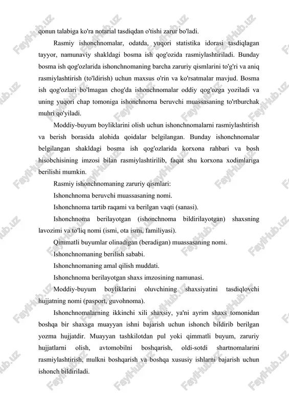 lish, avtomobilni boshqarish, oldi-sotdi shartnomalarini rasmiylashtirish, mulkni boshqarish va boshqa xususiy ishlarni bajarish uchun ishonch bildiriladi. shaxsiy ishonchnomalarning eng ko'p tarqalgani pul (maosh, nafaqa va boshqalar) olish uchun yozilgan ishonchnomadir. bunday yozma vakolat ba'zan vakolat beruvchining talabi, xohishi bilan notarial tasdiqlanishi ham mumkin, lekin uni majburiy notarial tasdiqdan o'tkazish shart emas. ishonch bildiruvchi shaxsning imzosi u ishlayotgan yoki o'qiyotgan joy rahbariyati, u yotib davolanayotgan tibbiy muassasa ma'muriyati, harbiy qism qo'mondonligi va shu kabilar tomonidan tasdiqlanishi mumkin. shaxsiy ishonchnoma erkin usulda, odatda, qo'lda yoziladi, lekin unda, albatta, quyidagi zaruriy qismlar bo'lmog'i kerak: hujjatning nomi (ishonchnoma). ishonch bildiruvchining to'liq nomi (ismi, ota ismi, familiyasi). ishonchli shaxs (ishonchnoma berilgan shaxs)ning to'liq nomi. ishonchnoma mazmuni (topshirilgan vazifalarni aniq ko'rsatish). topshirilgan vazifalar amalga oshirilishi zarur bo'lgan muassasaning nomi. ishonch bildiruvchining imzosi. berilgan (yozilgan) vaqti. ishonch bildiruvchining imzosini tasdiqlagan shaxsning lavozimi va imzosi. ishonch bildiruvchining imzosi tasdiqlangan sana va yumaloq muhr. tilxat pul, hujjat, qimmatbaho buyumlar …