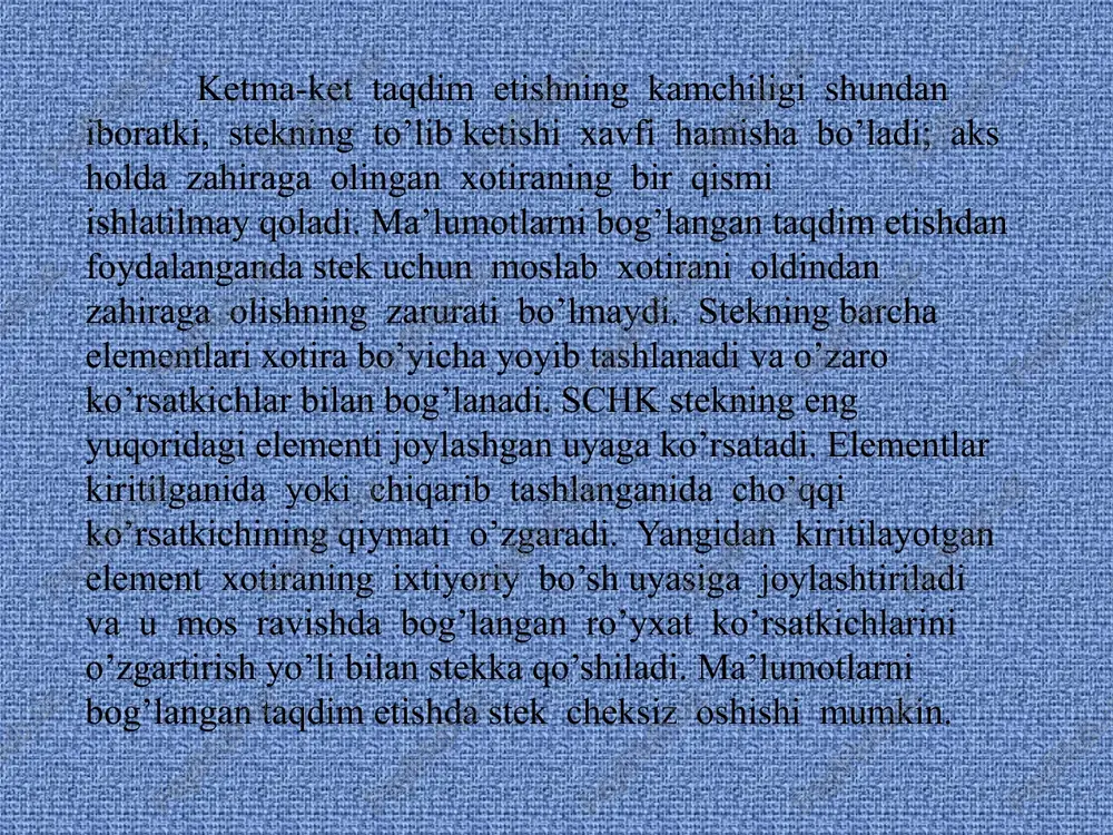 ularning biri, masalan, kitob mundarijasini tuzishda qo’llaniladi. ma’lumotlarning daraxtsimon tuzilmasini tarmoq tuzilmalariga qaraganda kompyuter xotirasida amalga oshirish ancha qulaydir. bundan tashqari, tarmoqlar bilash ishlash uchun daraxtlar bilan ishlashga qaraganda ancha murakkab dasturiy ta’minot talab etiladi. dinamik turdagi ma’lumotlar tuzilmasi reja: 1. dinamik turdagi ma’lumotlar tuzilmasi. 2. dinamik ma’lumotlar tuzilmasi klassifikatsiyasi. 3. dinamik ma’lumotlar tuzilmasi - ro’yhatlar. 4 dinamik ma'lumotlar tuzilmalari tuzilishi. afzalliklari va kamchiliklari. kirish ma'lumotlar tuzilmasi dasturlarda ajratish usuli bo'yicha statik va dinamikaga bo'lingan. statik ma'lumotlar tuzilmasi - bu kompyuterning xotirasida joylashishi va elementlarning o'zaro aloqalari ular tomonidan amalga oshiriladigan sohada dasturni bajarish paytida o'zgarishsiz qoladigan ma'lumotlardir. statik strukturaning ma'lumotlariga dasturda e'lon qilingan asosiy va mahalliy, ham global darajadagi o'zgaruvchilar kiradi. dinamik ma'lumotlar tuzilmasi - bu kompyuterning xotirasiga joylashtirilishi va new va dispose kabi tizim proseduralari yordamida dasturni bajarishda xotiradan o'chirilishi mumkin bo'lgan ma'lumotlar. dinamik ma'lumotlar tuzilmalari ikki shaklda bo'ladi: bog'liq bo'lmagan dinamik ma'lumotlar; bog’liq dinamik ma'lumotlar. bog’liq bo'lmagan …