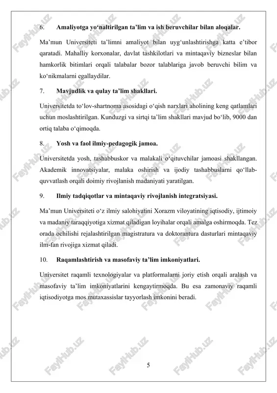 di. missiya biz ilm-fan, ta’lim, tadbirkorlik va inson kapitalini rivojlantirish orqali jamiyat taraqqiyoti hamda barqarorligini ta’minlashga ko‘maklashamiz. · fuqarolar va jamiyatning yuqori sifatli oliy ta’limga, yuksak malakali kadrlarga bo‘lgan ehtiyojlarini qondirish; · fundamental va amaliy ilmiy tadqiqotlarni jahon andozalariga mos darajada amalga oshirish; · bilim va texnologiyalarni tarqatishni rag‘batlantirish, innovatsion faoliyat uchun bozor infratuzilmasini shakllantirish; · yuksak kasbiy mahorat, madaniyat, aql-zakovat, ijtimoiy faollik, vatanparvar fuqarolik fazilatlariga ega bo‘lgan mutaxassis shaxsini har tomonlama shakillantirish; · aholining axborot resurslari va to‘plangan bilimlardan foydalanishi uchun shart-sharoitlar yaratish. istiqbolli nigoh nufuzli xalqaro universitet, innovatsion va raqamli texnologiyalar ilmiy markazi sifatida ta’lim berib, mehnat bozorida yetakchilik qila oladigan va jamiyat rivojiga hissa qo‘shadigan yetuk kadrlarni tayyorlaydi · nufuzli xalqaro universitetlar qatoriga kirish: bu maqsad orqali universitetning global miqyosda tan olinishi, yuqori sifatli taʼlim va ilmiy tadqiqotlar bilan dunyoning yetakchi oliy taʼlim muassasalari qatoriga qoʻshilishga erishish koʻzda tutilgan. · innovatsion va raqamli texnologiyalar ilmiy markaziga aylanish: …