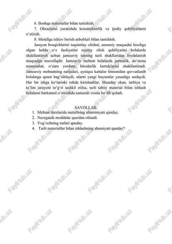 t turadi va undan mayda narsalar yasaladi. mum bilan ishlash qo’lay, u qo’rimaydi, suv bilan namlashni talab qilmaydi, darz ketmaydi va undan yasalgan narsalar uzoq saqlanadi. turli materiallar bilan ishlash. turli materiallar bilan ishlaganda chiqindi materiallari: po‘kak, qutichalar, plastmassa idishlar foydalaniladi. mashg‘ulotlarni rejalashtirish va materiallarni tanlashda mahalliy sharoitlar: o‘lka iqlimi, tabiati, ishlab chiqarish korxonalari, xalq badiiy ustaxonalari va shu kabilarni e’tiborga olish kerak. mashg‘ulotlarni shunday tashkil etish kerakki, ular bolalarning ijodiy qobiliyatlarini o‘stirsin, tasavvur qilishga o‘rgatsin. turli materiallarning texnologik xususiyatlari shunday xilma-xilki, narsalar yasashda ulardan asosiy material sifatida ham, yasalgan narsaga bezak beruvchi material sifatida ham foydalanish mumkin. turli materiallardan o‘yinchoqlar, yodgorliklar, ko‘rgazmalar, ro‘zg‘or uchun foydali buyumlar va boshqa buyumlarni yaratish badiiy modellashtirishga yaqinlashib ketadi, bolaning estetik hissiyotlari va badiiy moyilliklarini o‘stirishga yordam beradi. bu ishlarni bajarish jarayonida bolalar quyidagi malaka va ko‘nikmalarni egallaydilar hamda mustahkamlaydilar: 1. turli tabiiy materiallar hamda ularni to‘plash va saqlash qoidalari bilan tanishish. atrof muhitni …