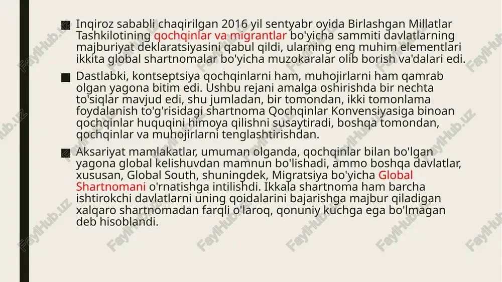talab qiladi - haqiqatan ham ba'zilari allaqachon boshlangan, shu jumladan ma'lumotlar yig'ish va tadqiqotlar, axloqiy yollash va pul o'tkazmalari va boshqalar. boshqalari - masalan, kengaytirilgan qonuniy migratsiya yo'llari, chegaralarni yaxshiroq boshqarish, qaytish va qayta integratsiyalash bo'yicha hamkorlik - o'ziga xos, ammo bahsli va qo'shimcha muzokaralar va resurslarni taqsimlashni talab qiladi. uchinchi element - bu amalga oshirish bilan bog'liq. shartnomaning 23 maqsadini bajarish uchun asosiy mas'uliyatni davlatlar zimmasiga olishi aniq. ularning sa'y-harakatlarini qo'llab-quvvatlash uchun bilimlar platformasi, markaz va loyihalarni boshlash fondidan tashkil topgan "salohiyatni oshirish mexanizmi" ko'zda tutilgan edi. shuni ta'kidlash kerakki, davlatlar boshqa manfaatdor tomonlar, shu jumladan migrantlar, fuqarolik jamiyati, xususiy sektor, kasaba uyushmalari, mahalliy hukumat va boshqalar bilan birgalikda ishlashga majburdirlar. shartnoma, shuningdek, bosh kotibning migratsiya masalalari bilan shug'ullanadigan ko'plab davlatlarning davlatlariga samarali va muvofiqlashtirilgan yordam ko'rsatish uchun xmt tomonidan muvofiqlashtirilgan birlashgan millatlar tashkilotining migratsiya tarmog'ini tashkil etish to'g'risidagi qarorini mamnuniyat bilan qabul qiladi. va nihoyat, migratsiya bo'yicha global …