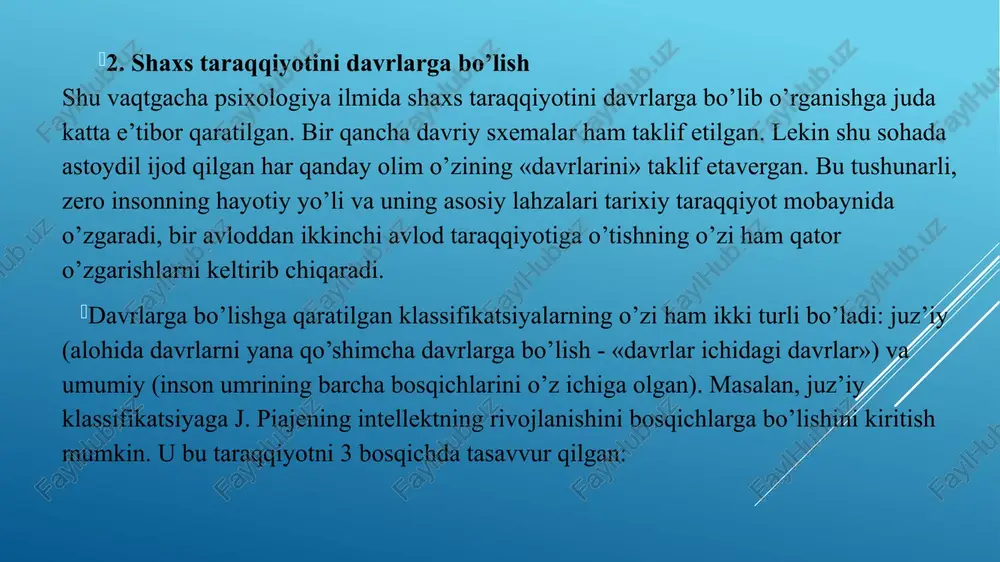 ssional taraqqiyotning asosiy bosqichlarini ajratar ekan, ye.a. klimov (1996), alohida «optatsiya» (lotincha so’z: optatio - xoxish, tanlov) bosqichini ajratadi va uning xarakterli tomoni - odam tomonidan professional taraqqiyotning bosqichi tanlanishidir, deb e’tirof etadi. optatsiya bosqichi 11 - 12 yoshdan 14 - 18 yoshgacha bo’lgan taraqqiyot davrini o’z ichiga oladi. biror aniq kasb - xunarni tanlash va o’z faoliyatini shunga yo’naltirish o’spirin shaxsi uchun juda katta ahamiyatga ega. ana shunday tanlovning adekvat va to’g’ri bo’lishi o’spirindagi bilish bilan bog’liq qiziqishlar va professional yo’nalishning shakllanganligiga bog’liq bo’ladi. professional qiziqishlarning shakllanishining o’zi olimlar tomonidan to’rt bosqichli jarayon sifatida qaraladi. uning birinchi bosqichi 12-13 yoshlarga to’g’ri keladi va o’ta o’zgaruvchanligi, shaxsdagi bilish jarayonlari va asl iqtidor bilan bog’lanmaganligi bilan xarakterlanadi. 14-15 yoshlarga to’g’ri keladigan ikkinchi bosqichda qiziqishlar paydo bo’ladi, ular ko’p bo’lib, bevosita bolaning bilish imkoniyatlari va shaxsiy xususiyatlari bilan bog’liq bo’ladi. uchinchi bosqichda - 16-17 yoshlarda qiziqishlarning shunday integratsiyasi ro’y beradiki, ular avvalo …