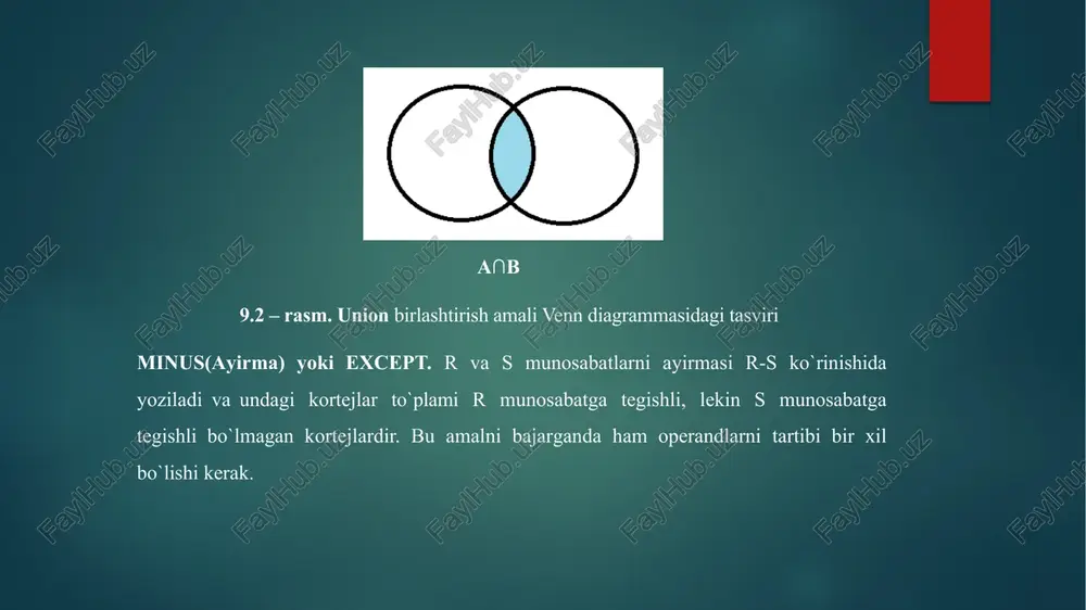 o`rsatmalar: guruxli (agregat) funksiyalar. agregat (yoki statik) funksiyalar sonli yoki hisoblanuvchi ustunlar bilan ishlaydi.guruhli funksiyalar jadvaldan yig`ilgan axborotlarni olish uchun xizmat qiladi. bu funksiyalari jadvaldagi satrlar guruhi bilan amal bajarib, 1 ta natija chiqaradi. agregat funksiya argumenti butun ustun bo‘lib, bitta qiymat qaytaradi. select so`rovida guruhli funksiyalar maydon nomlari kabi ishlatiladi. maydon nomlari funksiyalar argumentlari sifatida keladi. agregat (yoki statik) funksiyalar sonli yoki hisoblanuvchi ustunlar bilan ishlaydi. agregat funksiya argumenti butun ustun bo‘lib, bitta qiymat qaytaradi. bu funksiyalarni ko‘rib chiqamiz: sum() – ustundagi hamma qiymatlar summasini hisoblaydi. avg() – ustundagi hamma qiymatlar o‘rtasi qiymatini hisoblaydi. min() – ustundagi hamma qiymatlar eng kichigini aniqlaydi. max() – ustundagi hamma qiymatlar eng kattasini aniqlaydi. count()–ustundagi qiymatlar sonini hisoblaydi. count(*)–so‘rov natijalari jadvalidagi satrlar sonini hisoblaydi. agregatlash argumenti bo‘lib ustun nomidan tashqari ixtiyoriy matematik ifoda xizmat qilishi mumkin. sql tilida matematik funksiyalaridan quyidagilar ishlatiladi: abs (son) – sonning absolyut qiymatini hisoblaydi; isnumeric (ifoda) – ifodaning …