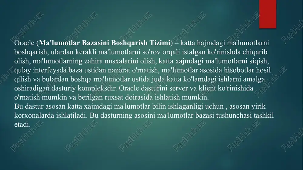ob'ekt tizimiga hurmat bilan yuqorida yoki quyida joylashgan, deb. lekin ulardan biri har doim asosiy, butun tizimi boshlanadi bo'lgan bo'ladi. informatsion blok bu bilan bir natijasi sifatida kompyuterlar uchun amal qiladi fayl tizimi uchun xarakterlidir daraxt bazasi tuzilishini hosil. ma‘lumot bazasi tizimining arxitekturasi arxitekturasi bo'yicha dbmslar bir, ikki va uch pog'onali bo'linadi [191. bir pog'onali arxitekturada zarur ma'lumotlarni boshqarish mantig'ini ta'minlaydigan bitta zveno (mijoz) ishlatiladi. va uning vizualizatsiyasi. ikki darajali arxitekturada ma'lumotlarni boshqarish mantig'ining muhim qismi ma'lumotlar bazasi serveri (ma'lumotlar bazasi serveri) tomonidan amalga oshiriladi, mijoz segmenti esa asosan foydalanuvchilarga qulay shaklda ma'lumotlarni namoyish qilish bilan shug'ullanadi. uch bosqichli dbmsda oraliq havola ishlatiladi - dastur serveri, va - bitta havola; 6 - ikki havola; ichida - uchta havola, bu mijoz va ma'lumotlar bazasi serveri o'rtasida vositachi. ilova serveri mijozni ma'lumotlarni boshqarish va ma'lumotlar bazasi serveri bilan aloqa qilish funktsiyalaridan to'liq xalos qilishga imkon beradi. joylashuvga qarab alohida qismlar mb ma'lumotlar …