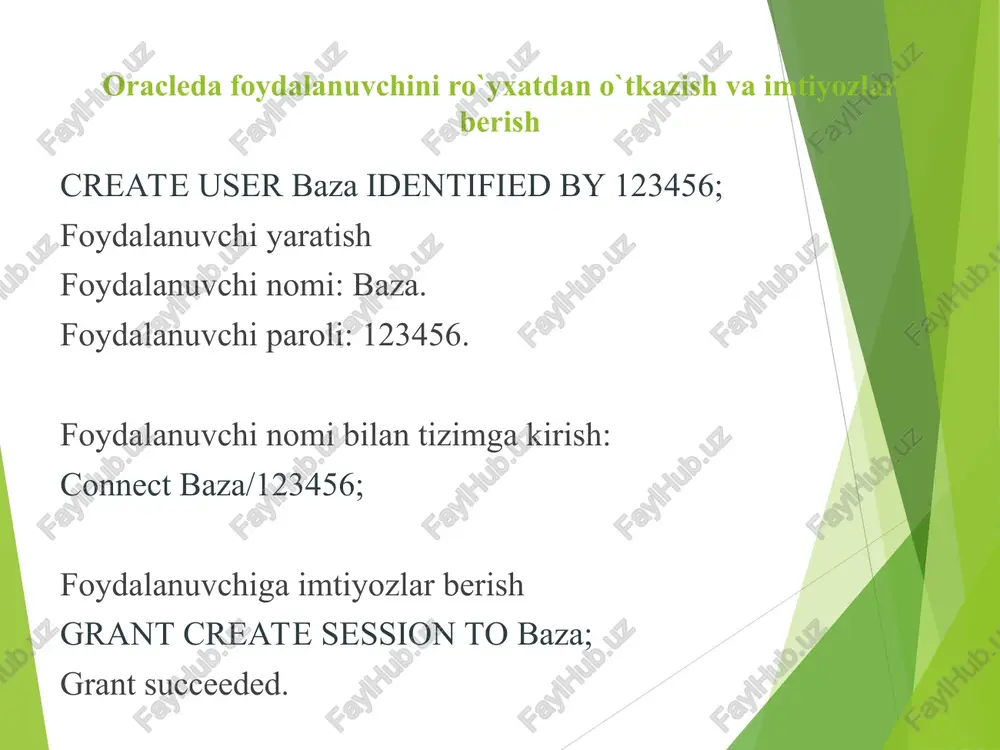 lows a database server to be on the mid tier. this allows applications to be distributed. for example, in branch office applications were a significant percentage of data access can be local but there is still a requirement for centralized access and update. note that central data can be replicated to the branch site using oracle’s advanced replication facility. the central site is accessed through a db link. multiple user sessions can be multiplexed over fewer network connections resulting in reduced network and operating system resources. tarmoqda axborotni ximoyalash muammolari parolni o’girlash ma]lumotni o’girlash ma’lumotlarni o’zgartirish pwd x foydalanuvchini ishonchsiz identifikasiyalash parolning kopligi taqsimlangan administratorlash * takomilgan ixtiyoriy xavfsizlik (advance security option) oqimni toliq kodlash (des 40 va 56, rsa, ssl md5 algoritmlar orqali) kerberos for single signon bilan integrasiyalash smartcard technology bilan integrasiyalash yagona kirish (enterprise user) l~aj987&^(*y02(&=94?7n9%7yq}3 scott/tiger jones 54000 smith 4900 aso texnologiyasiz aso texnologiyasi * oracle …