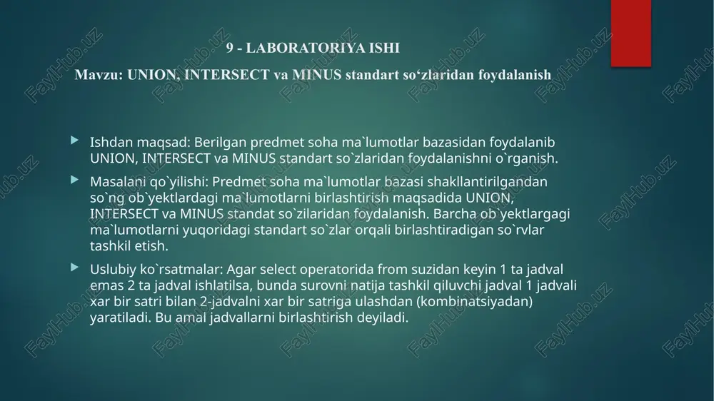 satrdan olingan belgilangan uzunlikdagi satrni qaytaradi (agar manba satridagi belgilar soni belgilanganidan kam bo'lsa yoki "ortiqcha" belgilarni bekor qilish agar manba satridagi belgilar soni belgilanganidan ko'p bo'lsa). length- qator uzunligini qaytaradi (baytda). ltrim - qator boshidagi bo’sh joylar (probel)larni o’chiradi. rtrim -funksiyasi satr oxiridagi bo'sh joyni olib tashlash orqali asl nusxadan olingan satrni qaytaradi. left -funktsiyasi asl satrning boshlang'ich satrini qaytaradi right- funktsiyasi belgilangan sondan tashkil topgan pastki qatorni qaytaradi. ishni bajarish tartibi 1. so`rov: select * from sport_majmuasi; natija: 10.1 – rasm. sport_majmuasi jadvalidagi ma’lumotlarni ko’rish 2. so`rov: select lower(majmua_nomi) from sport_majmuasi; natija: 10.2– rasm. lower() funksiyasining qo’llanishi 3. so`rov: select upper(majmua_nomi) from sport_majmuasi; natija: 10.3– rasm. upper() funksiyasining qo’llanishi 4. initcap-ifodaning sonli turga mansubligini aniqlaydi(mysqlda bu buyruq bajarilmaydi); 5. lpad (' ', , ' '). so`rov: select lpad(majmua_nomi,5,’mayda’) as newarea from sport_majmuasi; natija: 10.4 – rasm. lpad() funksiyasining qo’llanishi 6. rpad (' ', , ' '). so`rov:select rpad …