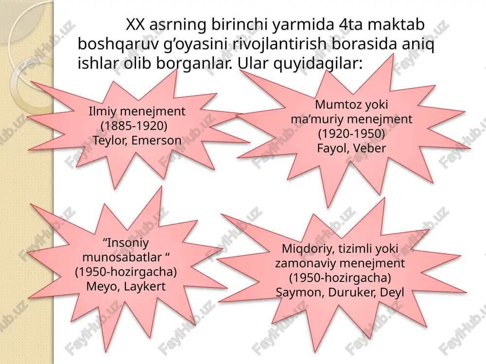 kirishuvchanlik va qaror qabul qilish; boshqarish vazifalari; xodimlarni boshqarish; ishlab chiqarishni boshqarish; samaradorlikni boshqarish; o’z- o’zini boshqarish; hududiy boshqarish va hokazolar. menejment fanining predmeti: bu fanning mazmuni boshqaruv tizimi va boshqaruv obyekti orasidagi o’zaro munosabat bo’lib, uning asosiy vazifasi o’quvchilarga boshqaruvning zamonaviy usullarini rahbarlik san’ati sirlarini o’rganishdan iborat. menejment fanining boshqaruv usullari: 2. komp-leksli yonda-shuv 3. tarkibiy yonda-shuv 4. vaziyat-li yon-dashuv 10. sotsio-logik kuzatuv usuli 8. kuza-tish usuli 6. model-lashtirish usuli 5. integratsion yonda-shuv 9. tajriba usuli 7. iqtisodiy-matema-tik yon-dashuv 1. tizimli yonda-shuv image2.gif /docprops/thumbnail.jpeg menejment funksiyalart. rea: menejment tushunchasi va uning varakteristikash <menejment turlari va darajalar. “menejment qonun-qoidalari va tamoyillai. “menejment fanining predmeti va usullar