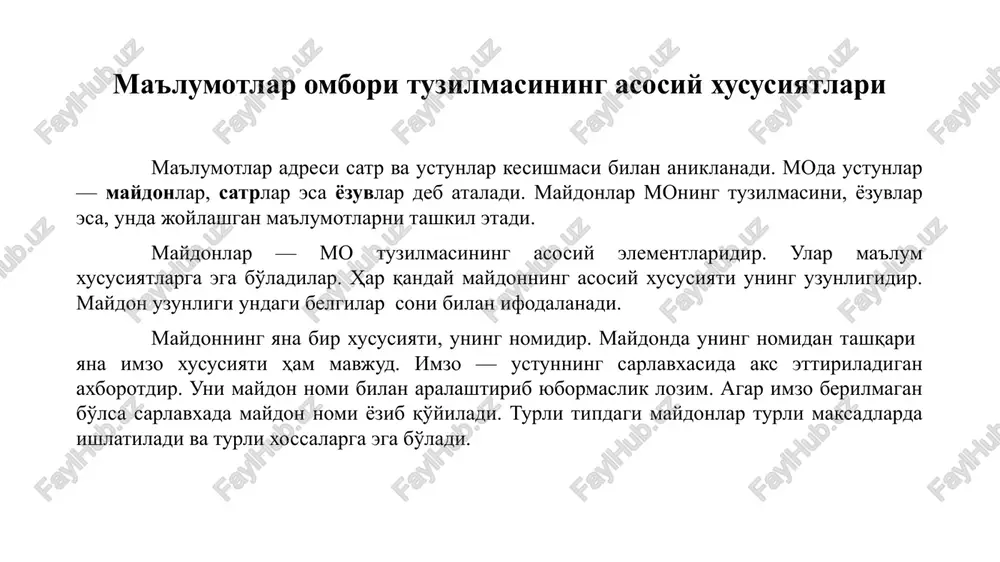 ravishda oson kiritish yoki kiritilganlarni ko'rib chikish imkonini beradi. shakl tuzilishi bir kancha matn­li maydonlar, tugmalardan iborat bo'lishi mumkin. «otchyoti» (hisobotlar) — bu ob'ekt yordamida saralangan ma'lumotlar qulay va kurgazmali ravishda kog'ozga chop etiladi. «makrosi» (makroslar) — makrobuyruqlardan iborat ob'ekt. murakkab va tez-tez murojaat kilinadigan amallarni bitta makrosga guruxlab, unga ajratilgan tugmacha belgilanadi va ana shu amallarni bajarish urniga ushbu tugmacha bosiladi. bunda amallar bajarish tezligi oshadi. «moduli» (modullar) — microsoft access dasturining imkoniyatini oshirish maksadida ichki visual basic tilida yozilgan dasturlarni o'z ichiga oluvchi ob'ekt. bundan tashqari , «stranitsi» (saxifalar) nomli aloxida ob'ekt ham mavjud. bu ob'ekt html kodida bajarilgan, web — saxifada joylashtiriladigan va tarmoq orqali mijozga o'zatiladigan aloxida ob'ektdir. jadval tuzish. jadval tuzish — bu ma'lumotlarning o'ziga xos xususiyatlarini e'tiborga olgan holda uning maydonlarini ifodalash. bu jarayon mb oynasida sozdat tugmasini bosish bilan boshlanadi va ekranda rasmdagi muloqot oynasi paydo bo'ladi. jadval tuzish usullari. jadval tuzish quyidagi …