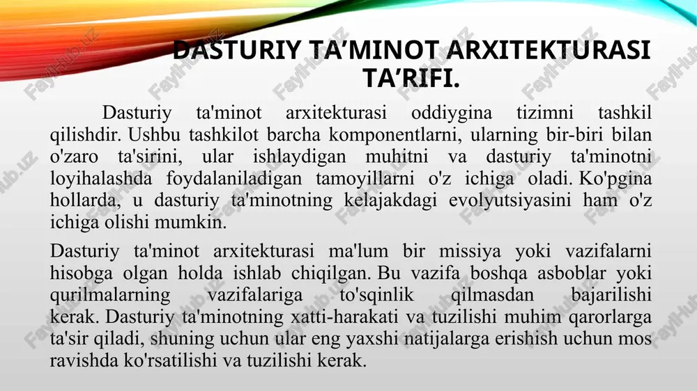 holda va dasturiy ta'minotni loyihalash jarayonining bir necha bosqichlarini sinchkovlik bilan kuzatib, yuqori, yuqori samarali va foydalanuvchilarga qulay dasturiy ta'minot dizaynlarini yaratish mumkin. adabiyotlar reto meire “professional android application development” published by john wiley &sons 2013 -816 s wei-meng lee android aplication development cookbook. jons wiley& sons 2013 -410 p goloshanov a.l. google androidprogrammirovanie dlya mobilnix ustroystv-sp6: bxv-peterburg 2011. 448-s antohy gray swift pocket reference. programming for ios and os x.shoff publishers & distr, 2016 doshonova m.yu. “programmie sredstv dlya mobilnix ustroystv” uchebnie -tuit aloqachi 2016 e’tiboringiz uchun raxmat quality attributes it environment design ~ software architecture human dynamics business strategy software architecture: 5 principles you should know step) steps steps soup the ‘toast prin pri e e e e e crosscutting concerns step2 availability © scalability @ = performance @ fault tolerance reliability security o— °o elasticity deployability testability agility recoverability learebility === solid principles ?~ fe) single responsibility …