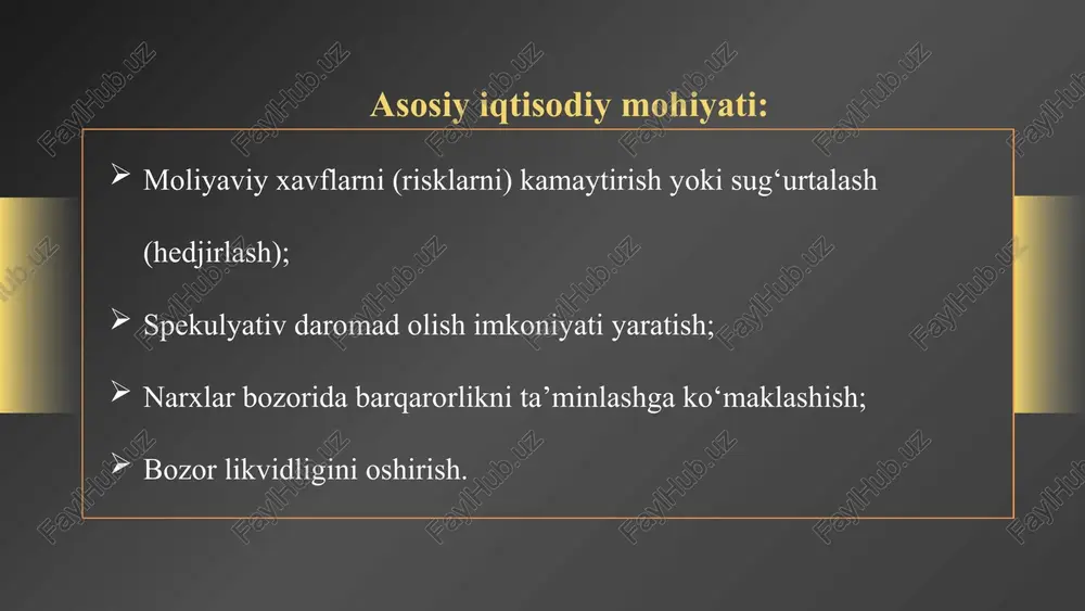 zbekiston bank amaliyotida derivativlar: derevativ turlari bo’yicha ulushi% ma'lumotlar f'yuchers forvard opsion svop 30 25 20 25 banklarda derivativlardan foydalanish maqsadlari ma'lumotlar xedj qilish spekulyatsiya arbitraj likvidlikni boshqarish 40 30 15 15 bank risklari taqqoslanishi ma'lumotlar foiz riski valyuta riski likvidlik riski kredit riski 35 25 20 20 derivativ operatsiyalarining afzallik va xavflari ma'lumotlar afzalliklar xavflar 70 30 derivativ operatsiyalari o‘sish tendensiyasi (2020–2025) ma'lumotlar 2020 2021 2022 2023 2024 2025 20 30 45 55 65 80 xulosa: derivativlar banklar uchun moliyaviy risklarni boshqarishning muhim vositasi hisoblanadi. ular yordamida banklar valyuta kursi, foiz stavkalari yoki tovar narxlari kabi o‘zgarishlardan kelib chiqadigan xavflardan himoyalanishi mumkin. shu bilan birga, derivativlar banklarga spekulyativ daromad olish imkoniyatini ham beradi, lekin bu xavfni oshiradi. banklar ularni ehtiyotkorlik bilan va aniq strategiya asosida ishlatishi lozim, aks holda katta moliyaviy yo‘qotishlarga duch kelishi mumkin. umuman olganda, derivativlar bank faoliyatini samarali boshqarishda kuchli vosita bo‘lsa-da, mas’uliyatli va puxta tahlil …