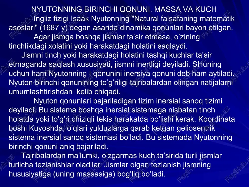 m 2 a 2 (3.9) 3.8 va 3.9-tengliklardan m 1 a 1 =  m 2 a 2 yoki a 1 =  , 1 22 m am ya’ni o’zaro ta’sirlashuvchi jismlar tezlanishlari ularning massalariga teskari proporsional bo’lib, qarama-qarshi tomonga yo’nalgan bo’ladi. f 1 f 2 a 1 a 2 m 2 m 1 og’irlik kuchi maydonida joylashgan qattiq jismlar uchun inersiya markazi va og’irlik markazi bir-biri bilan mos tushadi, ya’ni bir nuqtada joylashgan bo’ladi. inersiya markazi massaning taqsimlanishini tasvirlovchi geometrik nuqta bo’lib, uning vaziyati koordinatalar boshiga nisbatan c r  radius-vektor bilan quyidagicha aniqlanadi. , ... ... 21 221 n nni c mmm rmrmrm r      ya’ni:   i iic rm m r , 1  (3.10) bu erda m i - tizimga mansub, i-jismning massasi; r i - koordinatalar boshi o ga nisbatan i-jismning vaziyatini aniqlovchi radius- vektor; m = m 1 + …