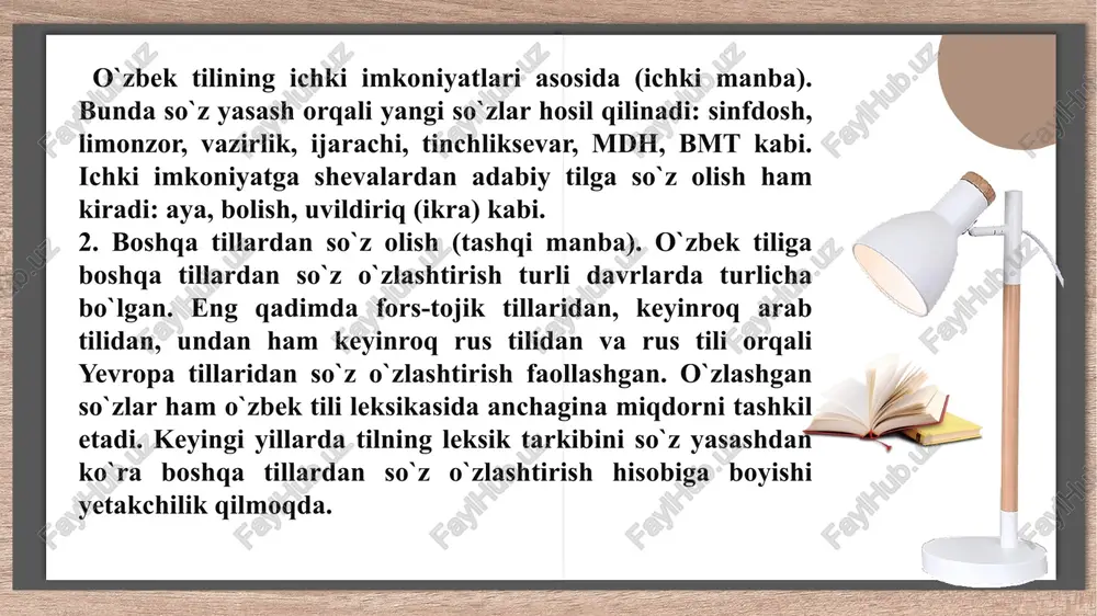 , duradgorlik, terimchilik, ovchilik, chorvachilik, kosibchilik va hokazolar shular sirasiga kiradi. turli kasb-hunarga doir so`zlar kasb-hunar leksikasi deyiladi. hozirgi o`zbek tili leksik tarkibida kasb-hunarga doir so`zlarga boy. masalan: kulolchilikda dog`chil (xum yasashda ishlatiladigan asbob), aspak yoki ob yog`och, bandak, bog`ich (idish chetini tekislash uchun ishlatiladigan latta, charm yoki kigiz parchasi) kabi so`zlar, suvoqchilik sohasida bozi (tokcha yoki), andava (asbob), loykash (kishi), mola gazcho`p (asbob) kabi maxsus so`zlar bor. ular shu hunar egalari tilida qo`llanadi va ular uchun tushunarlidir. atamalar. fan-texnika, xalq xo`jaligi, qishloq xo`jaligiga doir ilmiy tushunchalarni aniq ifodalaydigan so`zlar atamalar deyiladi. fan-texnika va ishlab chiqarish sohasida qo`llanadigan terminlarning jami terminologiya (terminologik leksika) deb yuritiladi. masalan: fonetika, leksika, morfologiya, morfemika, sintaksis – tilshunoslikka oid; kvadrat, ildiz, teorema – matematikaga doir; sifatlash, o`xshatish, jonlantirish – adabiyotshunoslikka doir atamalardir. hozirgi kunda dunyoda fanning 500 dan ortiq tarmoqlari bor, ular har tomonlama taraqqiy etmoqda. bu tilda atamalarning boyib borishiga olib keladi. atamalar ilmiy …