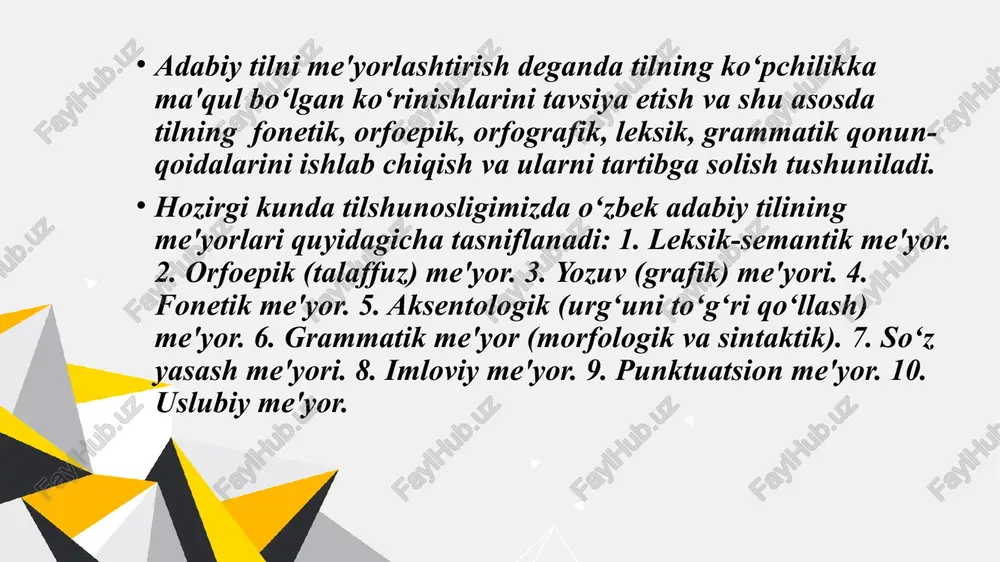 tarzda tuzilishida tinish belgilari muhim ahamiyatga ega. qiyoslang: yigitlar, yetib kelishdi // yigitlar yetib kelishdi. kaznit,nelzya pomilovat-qatl qiling, rahm –shafqat qilmang. kaznit nelzya, pomilovat- siz qatl qila olmaysiz, avf eting. birinchi holatda yigitlar so‘zidan so‘ng vergulning qo‘yilishi natijasida bu so‘z undalmaga aylanib, gap bir tarkibli murakkablashgan sodda gap shakliga ega bo‘ladi. agar gapdan vergul olib tashlansa, yigitlar so‘zi ega vazifasida qo‘llanadi hamda gap ikki tarkibli sodda gap tuzilishiga ega bo‘ladi. uslubiy me'yor. adabiy tilning uslubiy me'yori nutq vaziyati, so‘zlovchining kommunikativ niyati asosida til birliklaridan eng ma'qulini qo‘llash zaruratidan vujudga keladi. uslubiy me'yorlar quyidagilarga asoslanadi: a) tavsiya etilgan til birliklari hamma uchun yagona va mushtarak bo‘lishi lozim; b) til birliklari uzoq vaqt barqaror qo‘llanib kelingan hamda tilning hamma sohalari bilan uzviy bog‘langan bo‘lishi kerak. anglashiladiki, uslubiy me'yorni til birliklarini ishlatishdan ko‘zda tutilgan maqsad va nutq vaziyati belgilab beradi. uslubiy me'yor nutq ko‘rinishlarini belgilashda ham ahamiyatli. nutqning turli-tuman vazifaviy uslublarida (ilmiy, so‘zlashuv, …