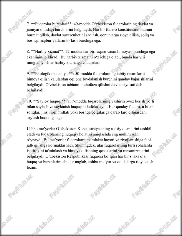 ishlangan marosimlar o'tkaziladi. dunyo miqyosida majburiy harbiy xizmatga ega bo'lgan ko'plab davlatlar mavjud. masalan, janubiy koreyada harbiy xizmat muddati 21 ay va undan ortiq muddatni tashkil etadi. bu yerda harbiy xizmatga chaqiriluvchilar soni yiliga o'rtacha 240,000 nafarga yaqin bo'ladi. harbiy xizmat bu davlatda qattiq va talabchan shakllarda tashkil etilgan. rossiyada esa harbiy xizmat muddati 12 oyga yetarli. har yili taxminan 300,000 dan ortiq fuqarolar chaqirishga keladi. bu mamlakatda harbiy xizmatga chaqirilish 18 yoshdan 27 yoshgacha bo'lgan erkaklar uchun majburiydir. izrail davlatida harbiy xizmat muddati erkaklar uchun uch yil, ayollar uchun esa ikki yil. bu ham respublikada harbiy safarbarlikka katta e'tibor qaratilayotganini ko'rsatadi. izrailda harbiy xizmatga chaqiriluvchilar soni har yili 120,000 nafardan oshadi. bu misollar davlatlar o'rtasidagi harbiy xizmat tizimlari va ulardagi ko'rsatkichlarning qanday farqlanishini ifodalashda yordam beradi. shu bilan birga, harbiy xizmatning maqsadi vatan himoyasi bo'lib, bu jarayon fuqarolarda vatanparvarlik, intizom va mas'uliyatlilik tuyg'ularini rivojlantirishda muhim rol o'ynaydi. umuman olganda, …