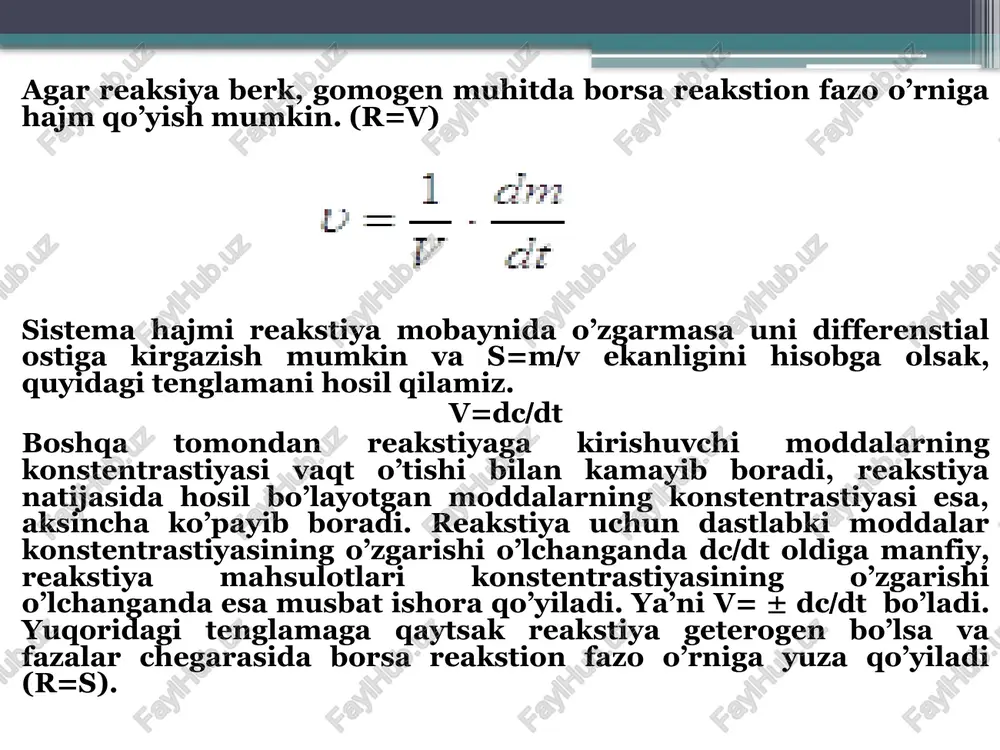 ni soddalashtirsak yoki bu tenglamaning ildizlari m1,m2a(k ) k-1 demak bu tenglamani integrallansa muvozanat holatda bu tenglamalardan k1 va k2 ni qiymatlarini topish mumkin. paralel (yonma –yon) boradigan reaksiyalar. ko’pincha moddalar bir vaqtning o’zida ikki va undan ortiq yo’nalishda reaksiyaga kirishadi. masalan benzol nitrat kislotasi bilan reaksiyaga kirishganda bir vaqtning o’zida o-, m-, p- dinitrobenzollar hosil bo’ladi. sxematik ravishda bu toifa reaksiyalarni quyidagicha ifodalash mumkin; a moddaning reakstiyaga kirishish umumiy tezligi ikki yo’nalish bo’yicha tezliklar yig’indisiga teng bu erda s1-a modda konstentrastiyasi. bu tenglamani integrallasak (s10 dan s1 va 0 dan t gacha) quyidagini hosil qilamiz. s10-a moddaning dastlabki konstentrastiyasi s1- a moddaning t vaqtidagi konstentrastiyasi v va d moddalarning hosil bo’lish tezliklari mos ravishda bu erda s va s lar vva d moddalarning konstentrasiyalari yuqoridagi tenglamadagi s ni qiymatini qo’ysak ni hosil qilamiz bu tenglamalarni 0 dan s (yoki mos ravishda 0dan s gacha)va 0 dan tgacha integrallasak (reakstiya …