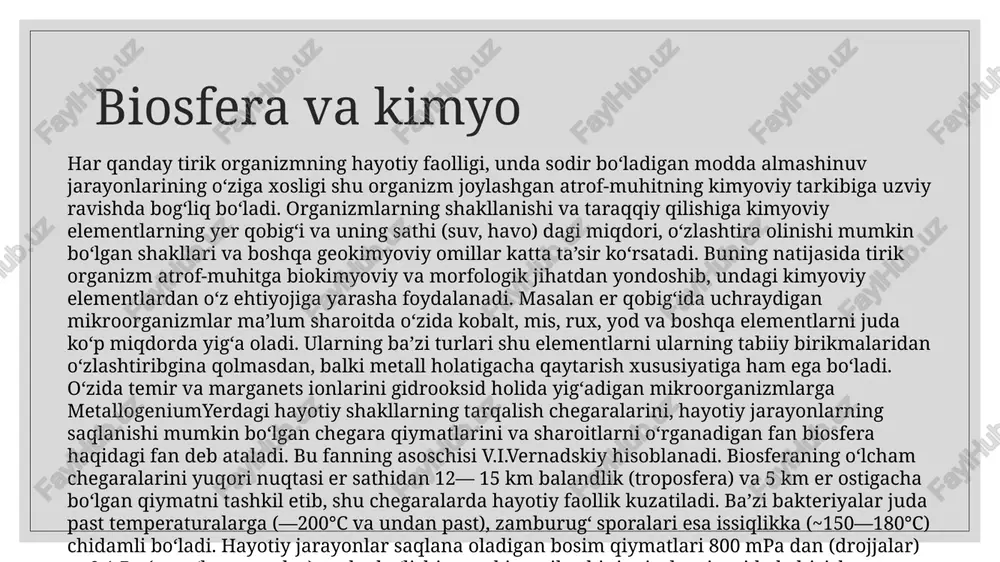 zo va to‘qimalarda taqsimlanish miqdori tashqi muhitning qator omillariga, iste’mol qiladigan asosiy mahsulot turlari va miqdoriga, insonning yoshiga, jinsiga, mehnat turiga va boshqalarga bog‘liq bo‘ladi. biologik ahamiyati oxirigacha aniqlanmagan elementlar biologik ahamiyati oxirigacha aniqlanmagan elementlar masalan, biogeokimyoviy hudud (ma’lum bir biogeokimyoviy tarkibga ega bo‘lgan biosfera bo‘lagi) suvida saqlangan ftor miqdori normadagidan (~1 mg/l) kamayib ketsa (1,2 mg/l) tish emal qavatining yemirilishining oshishiga olib keladi. bunga sabab ftorning asosiy miqdori tishlarda yig‘ilishidir. agar biogeokimyoviy hududda yod miqdori kam bo‘lsa endemik (aynan shu geografik joyga xos bo‘lgan) bo‘qoq kasalligi kelib chiqadi. chunki j2 qalqonsimon bezda ishlab chiqiladigan maxsus gormon (tirozin) tarkibiga kirib, uning faolligini ta’minlab beradi. yodning bezdagi miqdorining kamayishi esa faolligi kam bo‘lgan 14 gormonni ko‘plab ishlab chiqishiga va bezning gipertrofiyasiga (kattalashib ketishiga) sabab bo‘ladi. odam organizmining o‘sish va ulg‘ayishining turli davrlarida ma’lum a`zo va to‘qimalarida saqlanadigan elementlarning miqdori o‘zaro farqlanishi mumkin. ayrim biogen elementlarning odam organizmidagi biologik faolligi. biogen elementlarning …