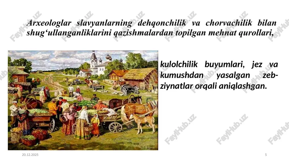 an. ikki tig’li shamshirlar va jangovar qalqonlar, mustahkam zirhlar va sovutlar temir xalqachalardan tikilgan jangovar himoya kiyimlari tayyorlangan. rus qurol-aslahasi butun yevropada mashhur bo’lgan. rus zargarlik mahsulotlari, qimmatbaho metallardan yasalgan zeb-ziynat buyumlari, idish-tovoqlar va b. keng tarqalgan aleksandr nevskiy. rassom p.korin www.arxiv.uz xulosa kiev rusida hunarmandchilik yuksak darajaga ko’tariladi. sovutlar metal va shisha zebi-ziynat buyumlari yasash idish tovoqlar yasash kabi ishlar bilan shuhrat qozinganlar. rusning savdo aholisi vizantiya va boshqa mamlakatlar bilan taraqqiy qilib bordi. savdo aloqasining rivojlanishi hunarmandchilikning yuksalishi shahar xalqining madaniyatili bo'lishiga olib keldi. kiev rusning madaniyati –rus, ukrain va belarus xalqlari madaniyatining o'sishiga asosiy manba bo'lgan. bu kabi faktlar shuni kursatadiki, xi-xii asrlar qadimgi rusda madaniyat va maorif rivojlangan. ana shunday davrda rus` pedagogik to’plamlar vujudga keldi: “izmagarad” (zumrad) “izbornik svetoslava”,”zlatuystroy”, “zlatoust” kabilar. bu to'plamlarda bola tarbiyasi haqidagi fikrlar tavsiya qilingan “vladimir monamaxning bolalarga nasihati” asari juda katta ahamiyatga ega. u bu asarida bolalarni vatani sevishga, vatani …
